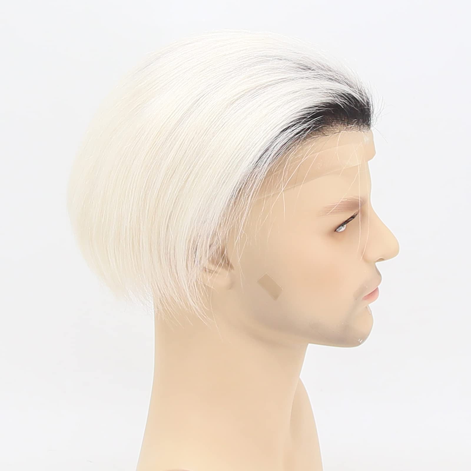 Premium 8x10 Inch Human Hair Toupee for Men - Black Roots Ombre Platinum Blonde #60 | Lace Front Hairpiece with Soft Thin Skin & PU Base | Natural Looking Hair Replacement System for Daily Wear & Special Occasions