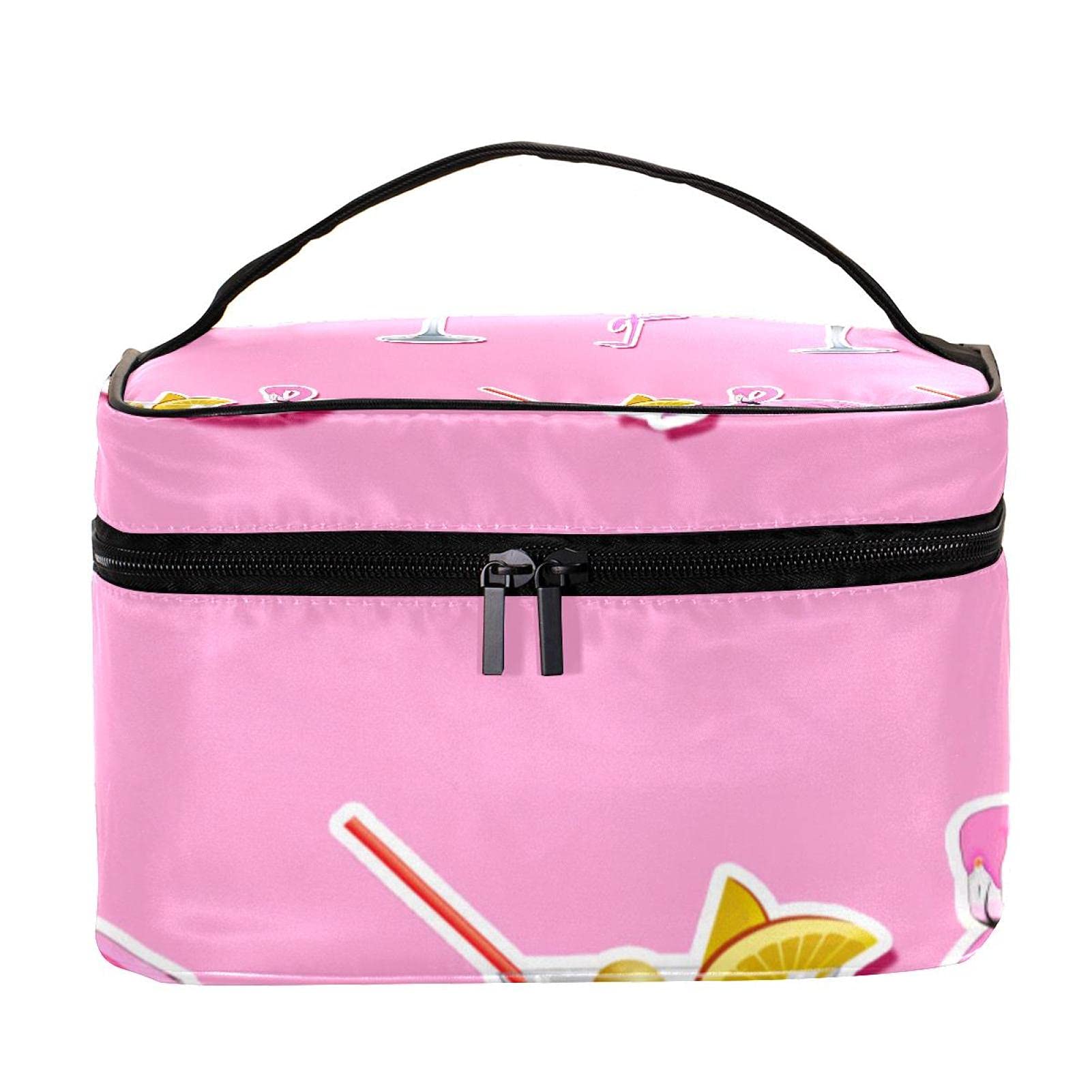 Pink Flamingo & Cocktail Travel Makeup Bag - Large Cosmetic Organizer with Zipper, Waterproof Toiletry Bag for Women & Girls - Perfect for Vacation, Beach Trips & Gym Essentials Storage