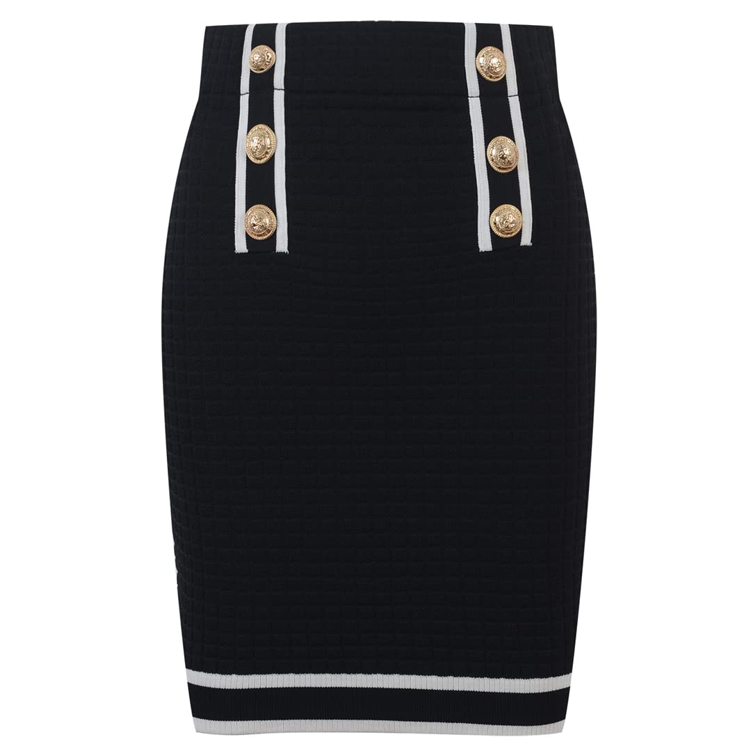 Women's Summer Knit Cardigan with Gold Buttons & Mini Skirt Two-Piece Set - Black Outfit for Casual Wear, Date Night, and Office Attire