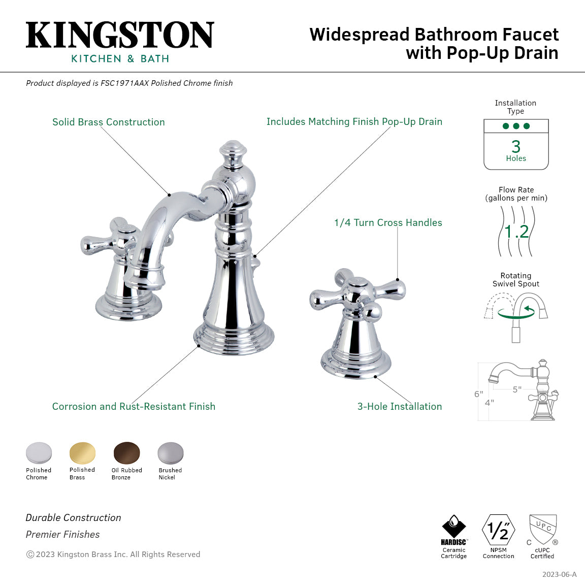 American Classic FSC1978AAX 3-Hole Widespread Bathroom Faucet with Pop-Up Drain - Brushed Nickel Finish - Perfect for Modern Bathroom Vanities and Powder Rooms