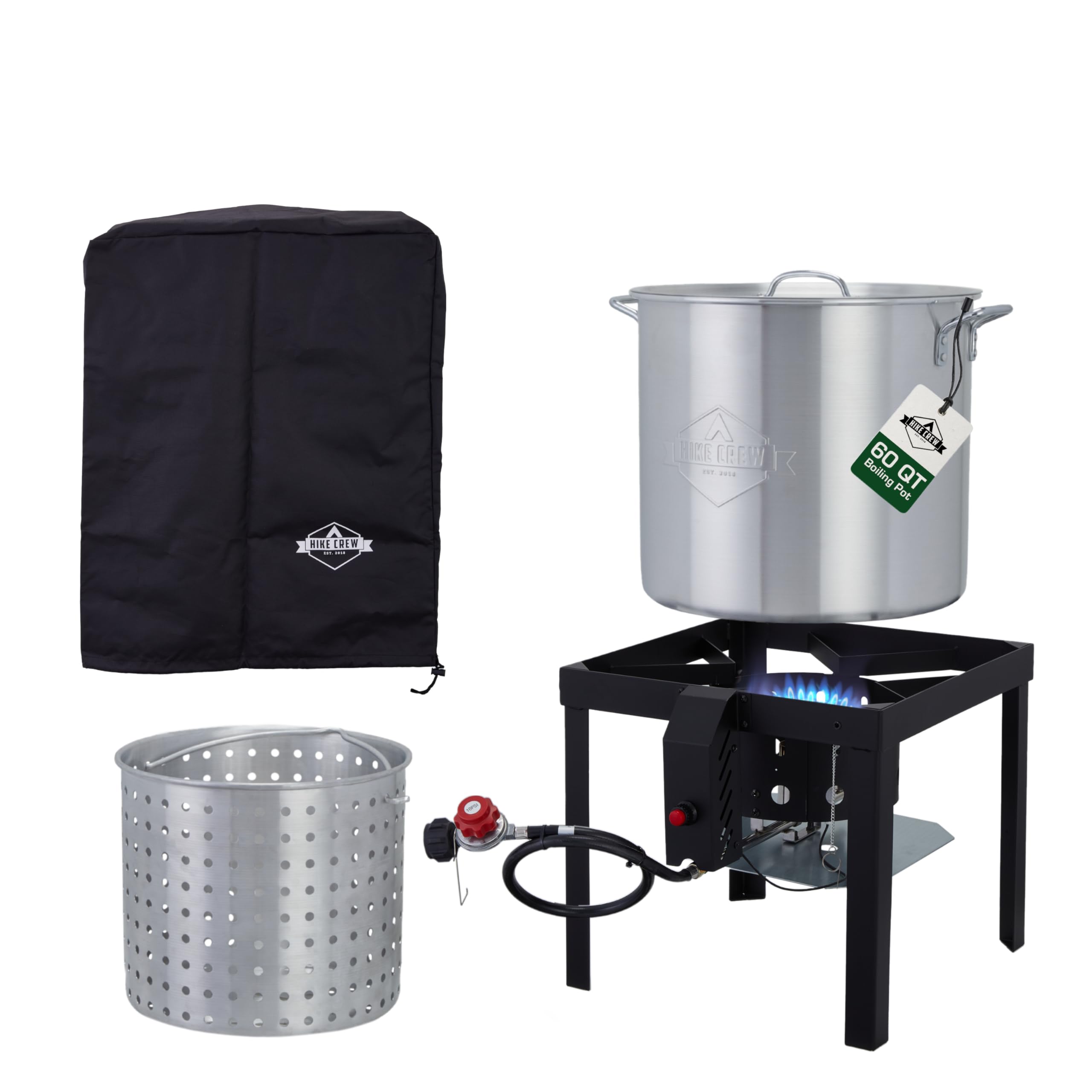 Hike Crew 60QT Outdoor Boiling Kit with Igniter | 110,000 BTU High-Power Seafood Boiler Set for Steaming, Cooking Fish, Crawfish, Crab, Shrimp & Clams | Includes Pot, Lid, Strainer, Burner Stand & Storage Cover | Perfect for Backyard Parties, Camping & Beach Cookouts