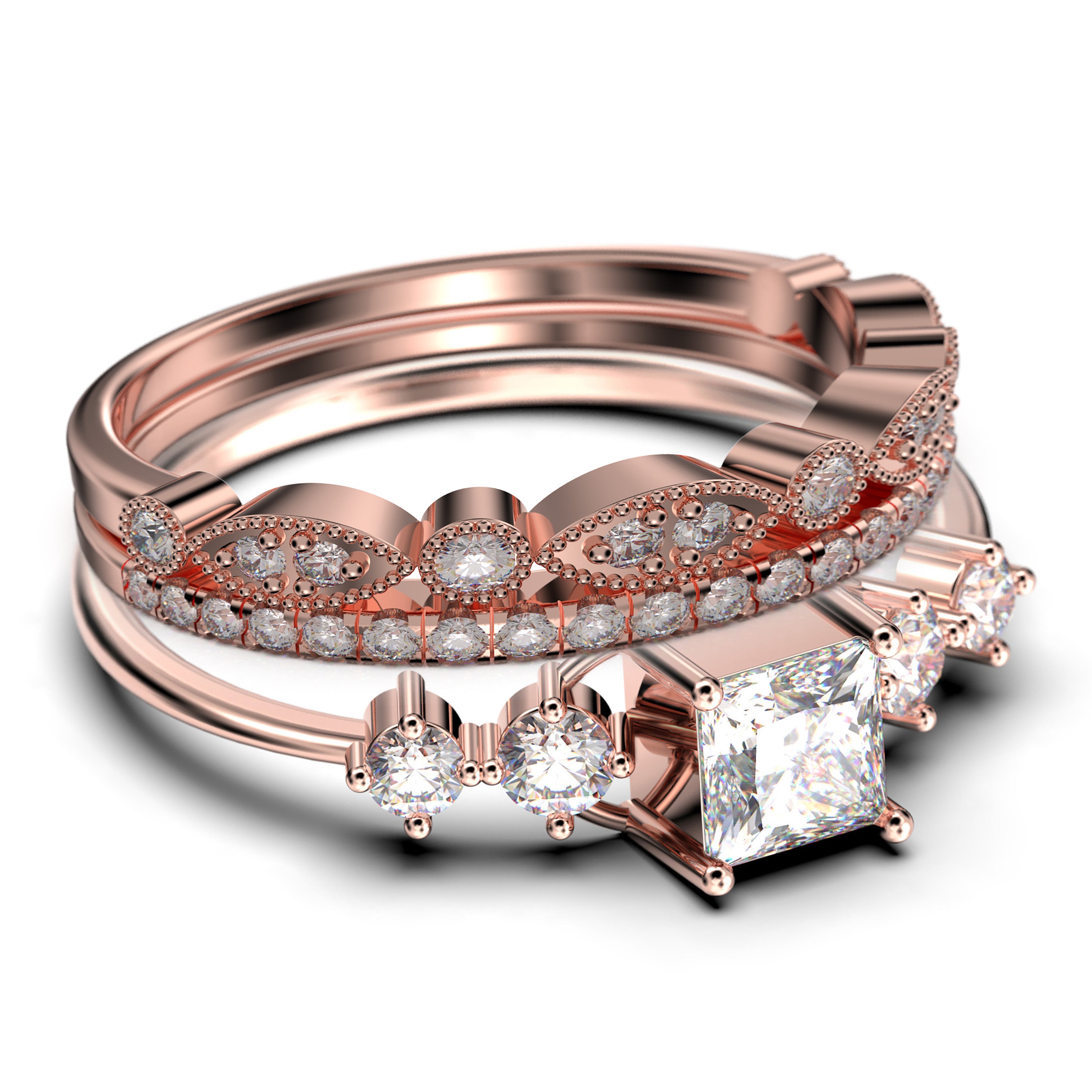 1.75 Carat Princess Cut Moissanite Engagement Ring Set - 925 Sterling Silver with 18k White Gold Plating - Minimalist Anniversary & Wedding Band Trio - Perfect for Proposals, Vows Renewal & Special Occasions