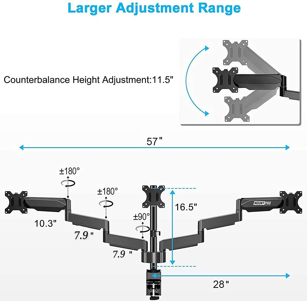 MOUNT PRO Triple Monitor Stand for 13-27 Inch Screens & Dual Monitor Wall Mount for 13-32 Inch Displays - Heavy Duty Monitor Arm Holds 17.6 lbs Each - VESA 75x75 & 100x100 Compatible - Perfect for Home Office, Gaming Setup & Workspace Ergonomics