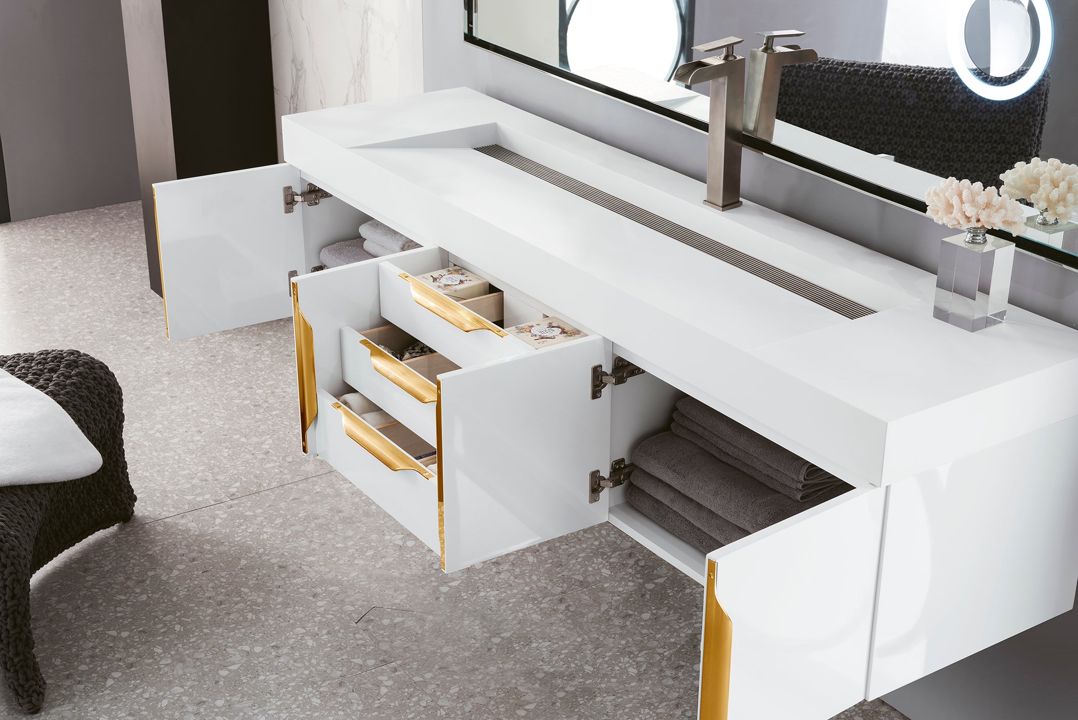 72 Inch Mercer Island Single Bathroom Vanity in Glossy White with Radiant Gold Accents & Glossy White Composite Top – Perfect for Modern Master Bathrooms & Guest Suites