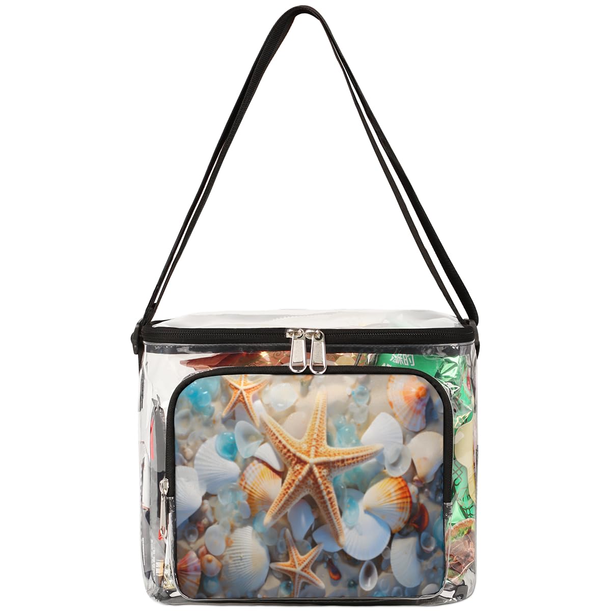 GzLeyigou Clear Transparent Beach Tote Bag with Handles - Starfish & Seashell Design Marine Life Shoulder Bag for Outdoor, Travel, Picnic, Concerts, Sports Events | Stadium Approved Lunch Bag for Women & Men | Perfect for Beach Day, Shopping, and Summer Outings