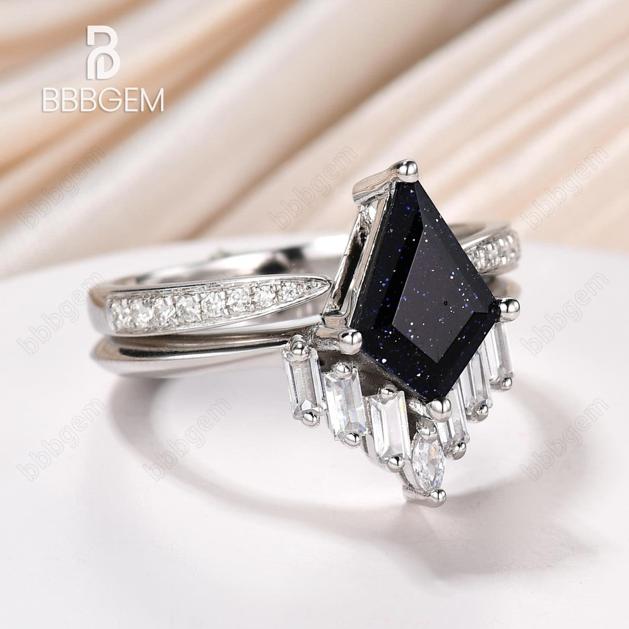 18K White Gold Knife Edge Kite Blue Sandstone Engagement Ring with Cluster Baguette & Pave Moissanite - Elegant Wedding Band, Anniversary Gift for Her - Perfect for Proposals, Bridal Jewelry & Special Occasions