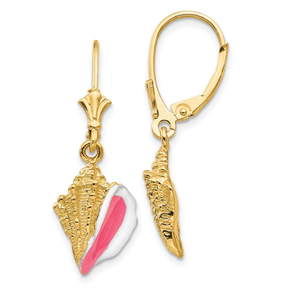14K Yellow Gold Enameled Conch Shell Leverback Earrings for Women - Handmade Nautical Jewelry Gift for Beach Lovers, Bridesmaids & Summer Vacation