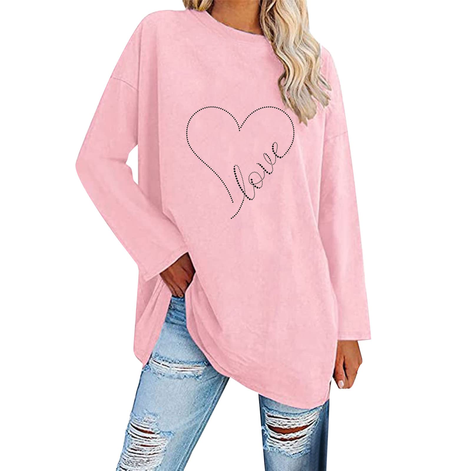 Women's Long Sleeve Oversized T-Shirt - Loose Fit Love Print Casual Crewneck Tunic Top | Soft & Comfortable Blouse for Everyday Wear | Perfect for Work, Lounge & Street Style Fashion