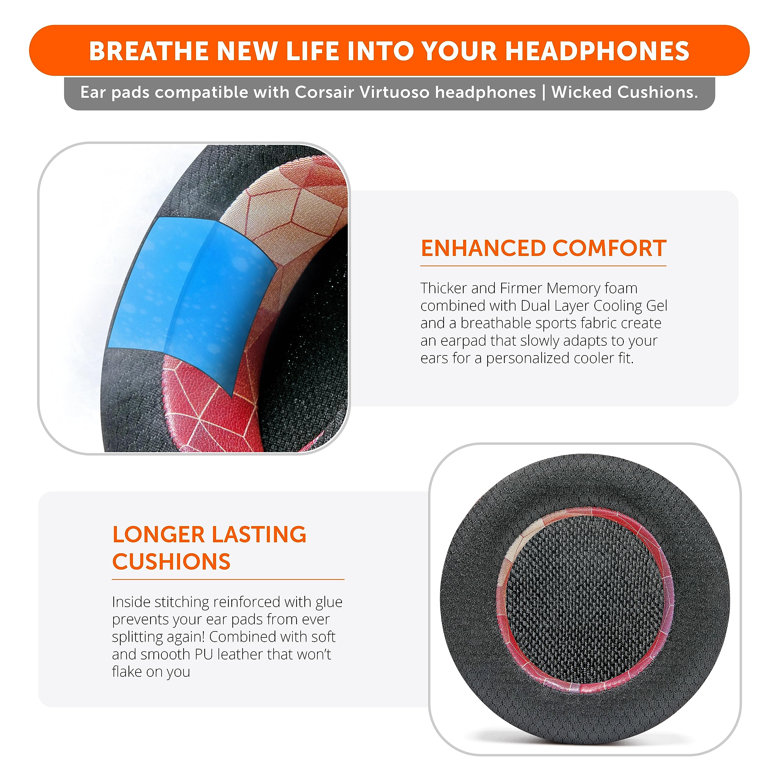 Wicked Cushions WC Freeze Virtuoso Cooling Gel Ear Pads for Corsair Virtuoso Gaming Headset - Enhanced Thickness & Noise Isolation - Hex Red | Perfect for Long Gaming Sessions & Hot Climates