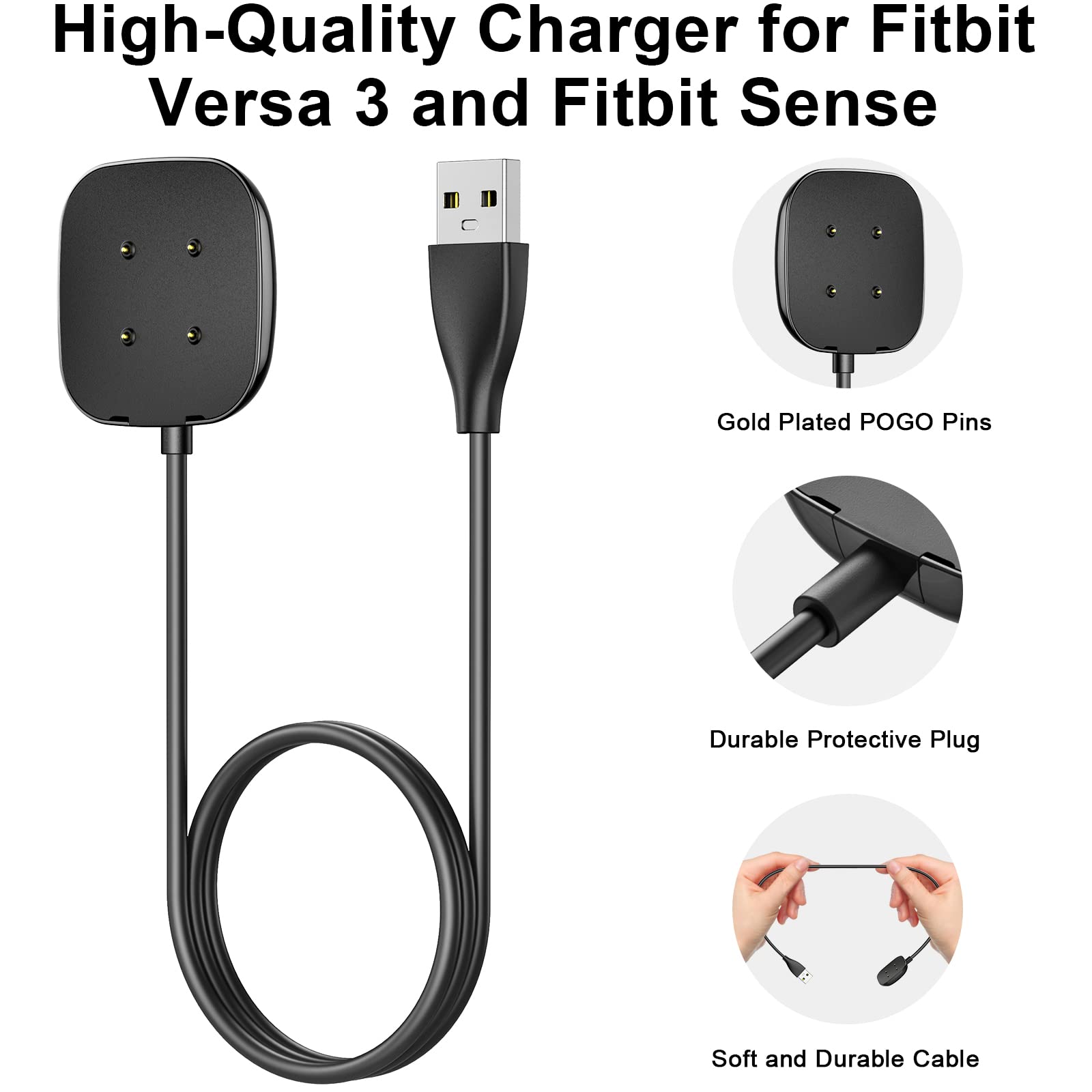 Yisica Replacement USB Charging Cable for Fitbit Sense 2 & Fitbit Sense (3.3ft/100cm) - Fast Charging Station Accessory for Home, Office, and Travel Use