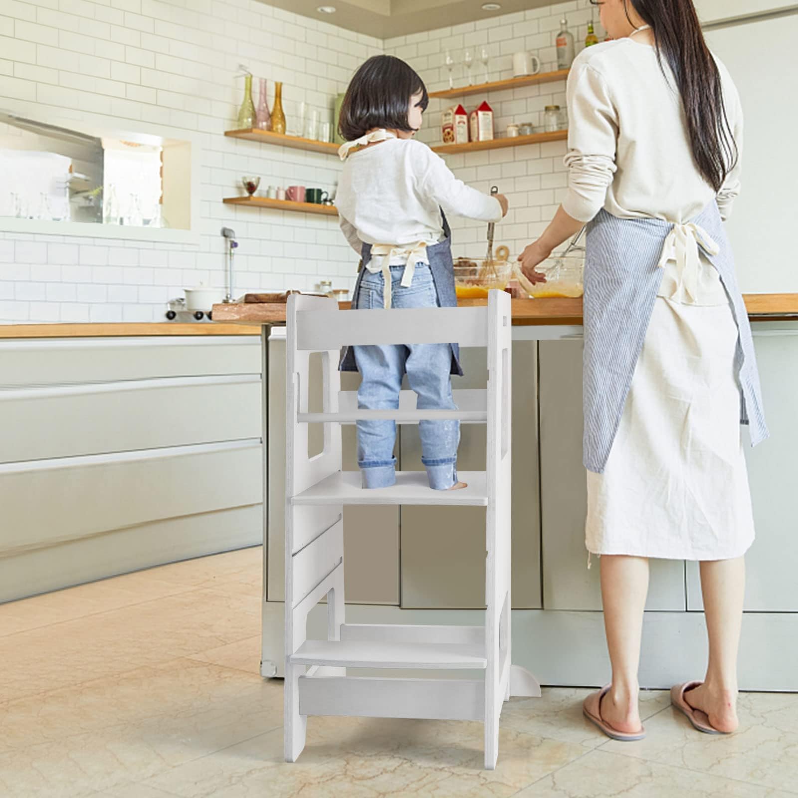 WOOD CITY Adjustable Toddler Step Stool with Safety Rail - White Kitchen Learning Tower for Kids, Height Adjustable Standing Stool for Counter, Sink & Bathroom - Perfect for Cooking, Washing Hands & Brushing Teeth