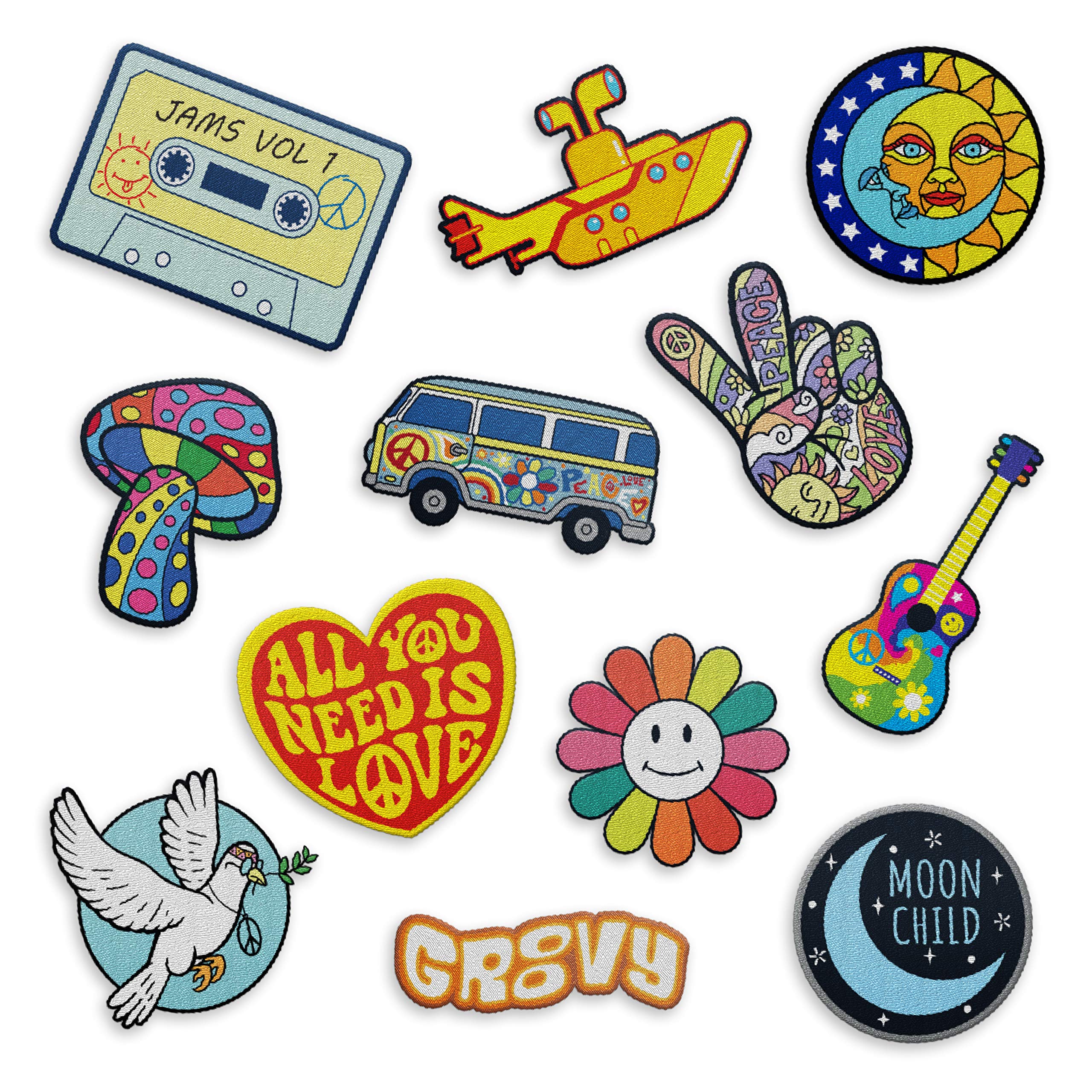 Retro Hippie Iron-On Patches - The Carefree Bee & Beatles Set of 12 | Vintage Embroidered Patches for Backpacks, Jeans & Clothes | Peace Sign, Flower Power Designs for DIY Fashion & Festival Outfits