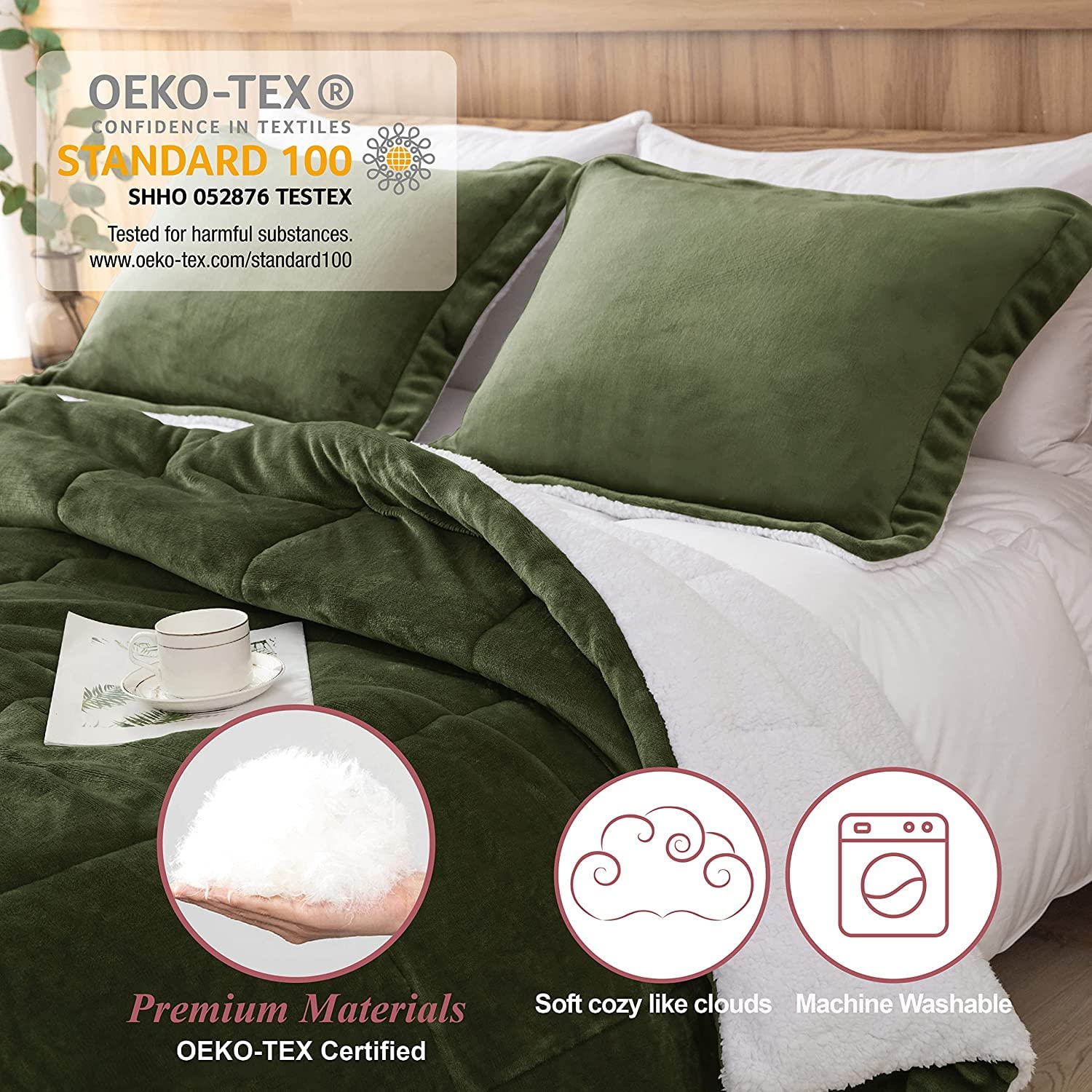 Seward Park Olive Green Sherpa Comforter Set - Twin XL Size All-Season Soft Warm Fleece Blanket - Winter College Dorm Bedding with 1 Pillow Sham - Cozy Home Decor for Bedroom, Guest Room & Apartment