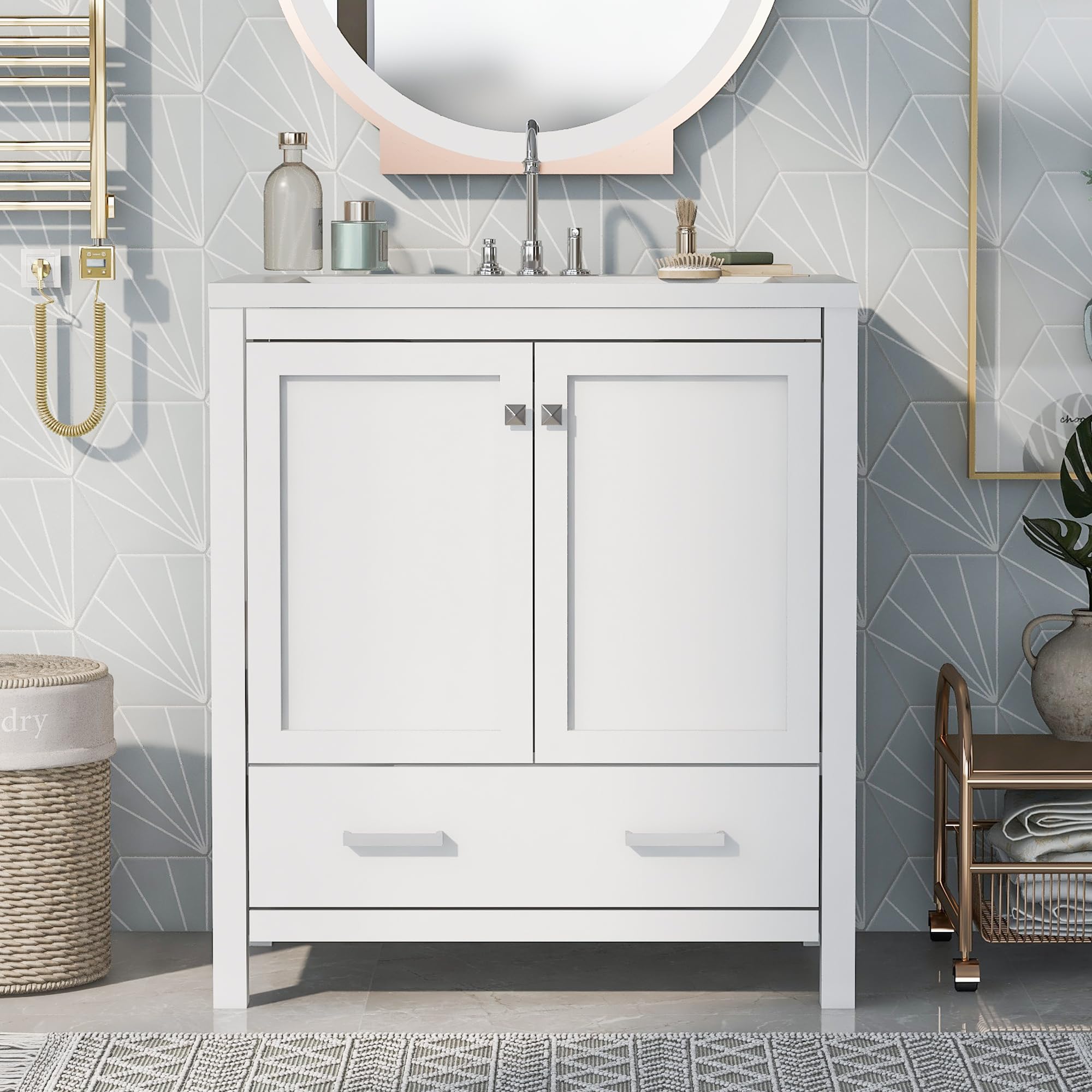 30 Inch White Bathroom Vanity with Sink - 2 Door Storage Cabinet & Drawer, Multifunctional Bathroom Organizer (30