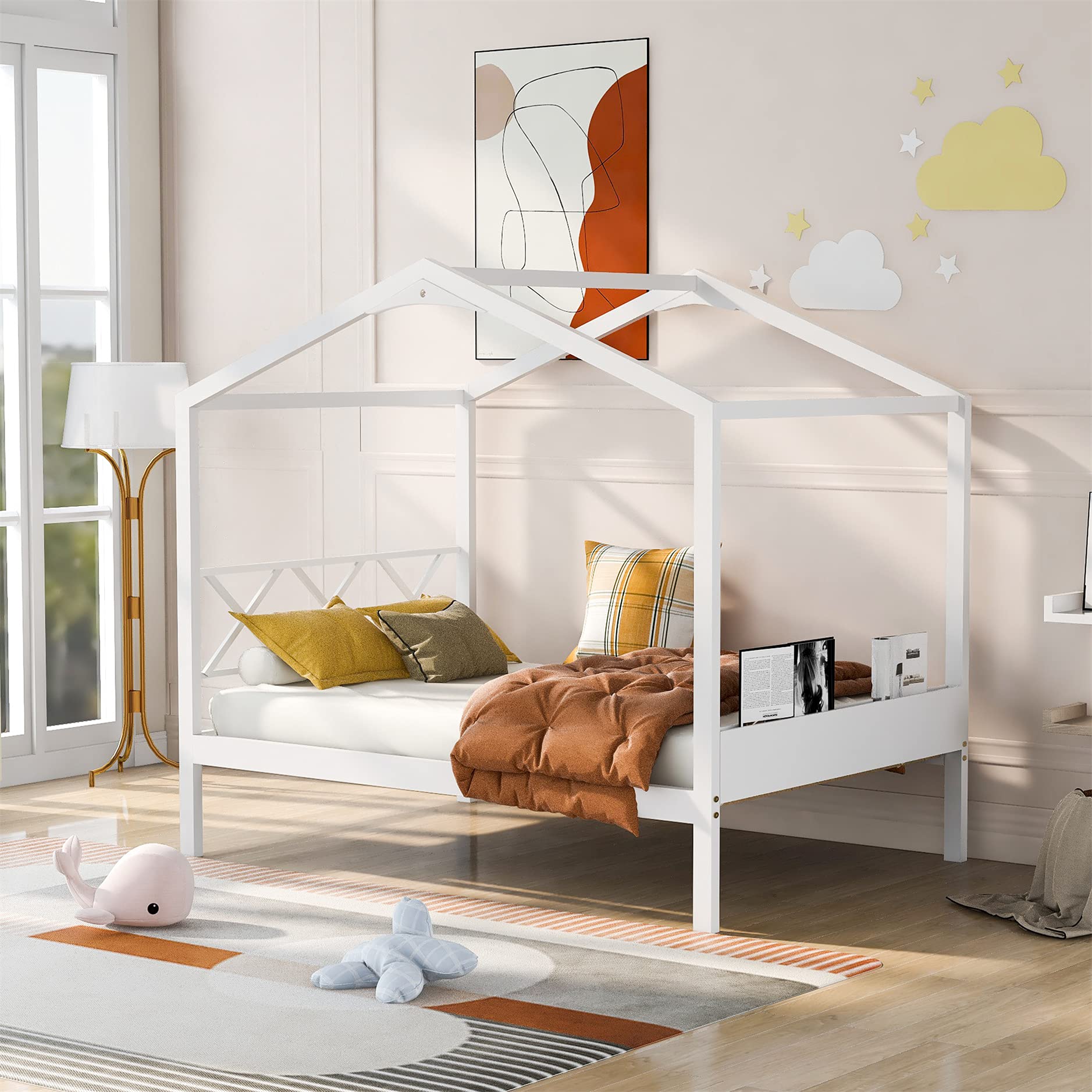 Full Size Wooden House Bed Frame for Kids - No Box Spring Needed, Sturdy & Safe Toddler Bed for Boys & Girls, White - Perfect for Bedrooms, Playrooms & Kids' Sleepovers