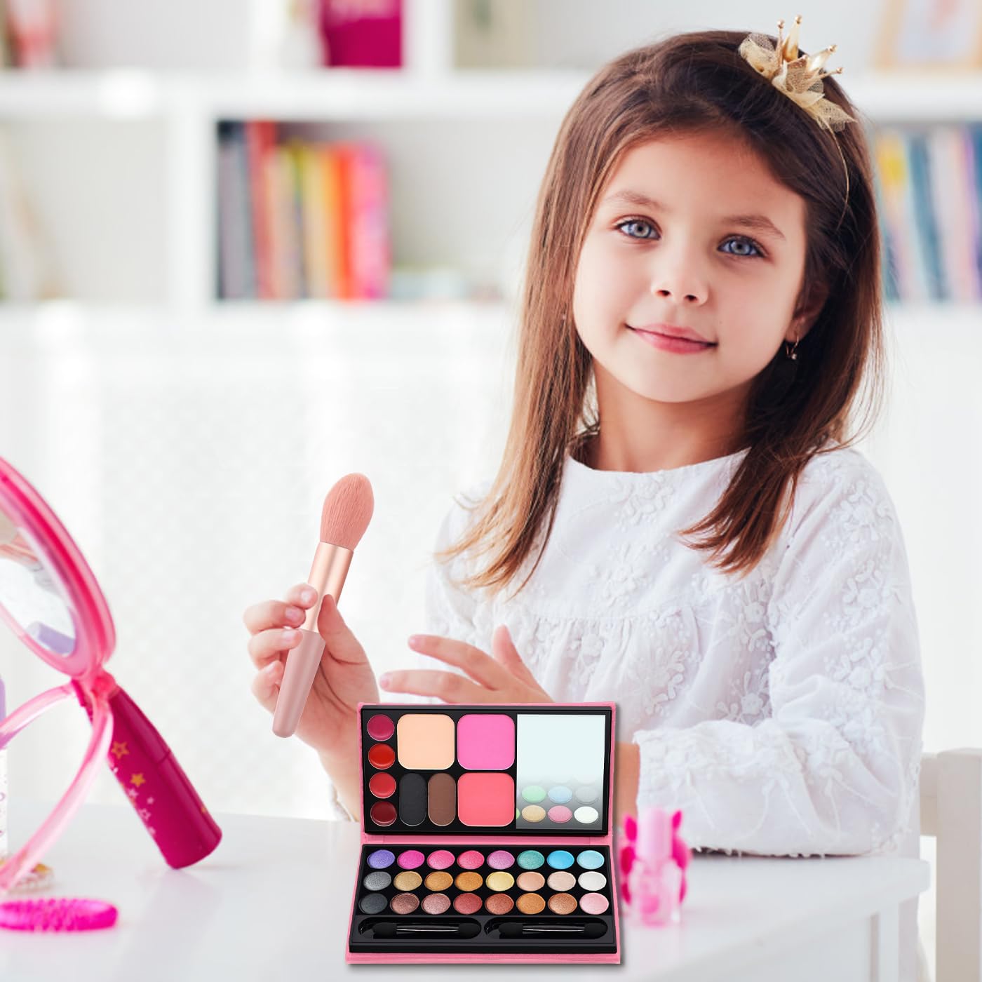 AYNKH 33-Color Kids Makeup Set with 8 Brushes - Princess Toy Makeup Kit for Halloween & Birthday Parties