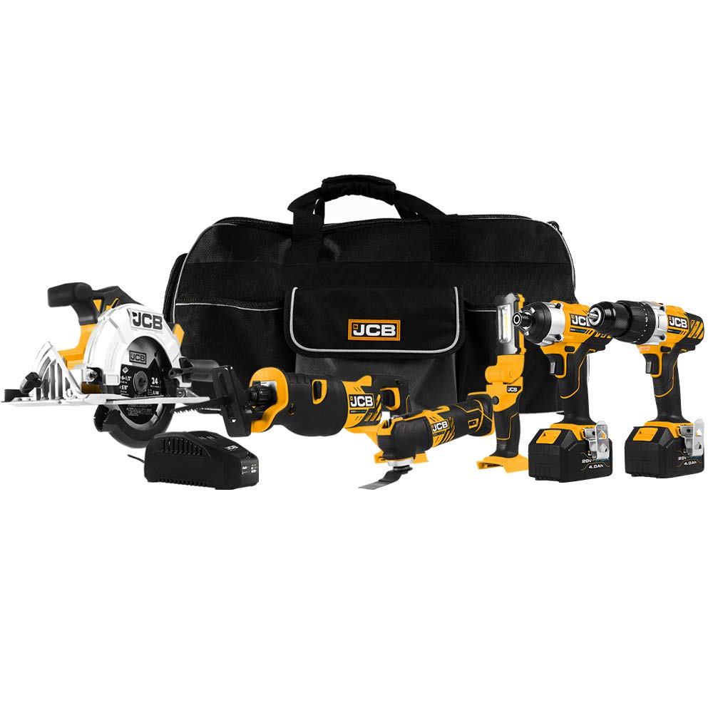 JCB Tools - 20V Cordless Power Tool Kit with 6 Tools (Hammer Drill, Impact Driver, Reciprocating Saw, Multi Tool, Circular Saw) Includes 2 x 4.0Ah Batteries, Fast Charger & Tool Bag - Perfect for DIY Projects, Home Renovation & Professional Construction Work