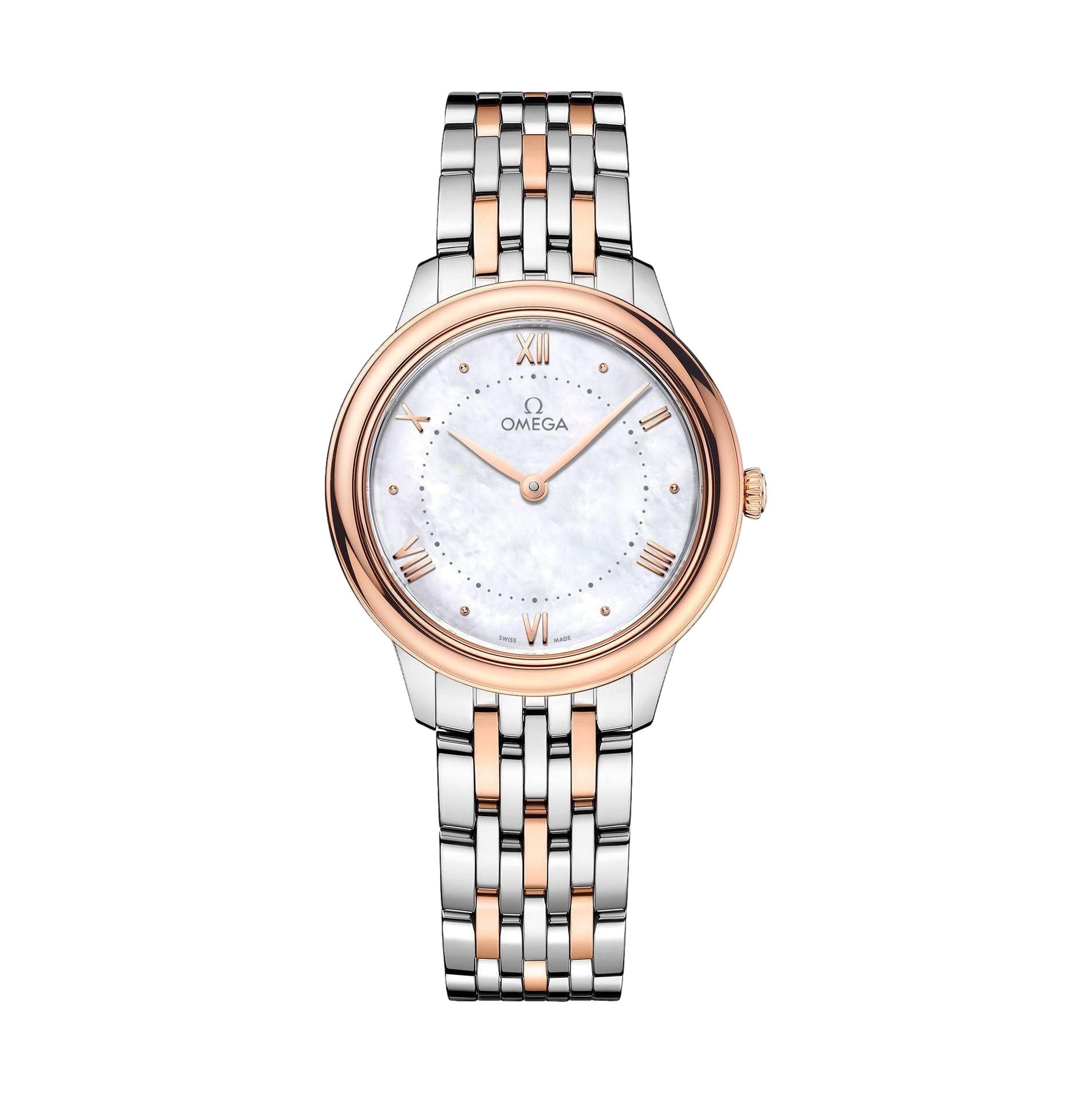 Omega De Ville Prestige 30mm Quartz Watch - Stainless Steel & Sedna Gold Case, Mother of Pearl Dial, Bracelet - Luxury Dress Watch for Women, Perfect for Business, Weddings & Formal Occasions