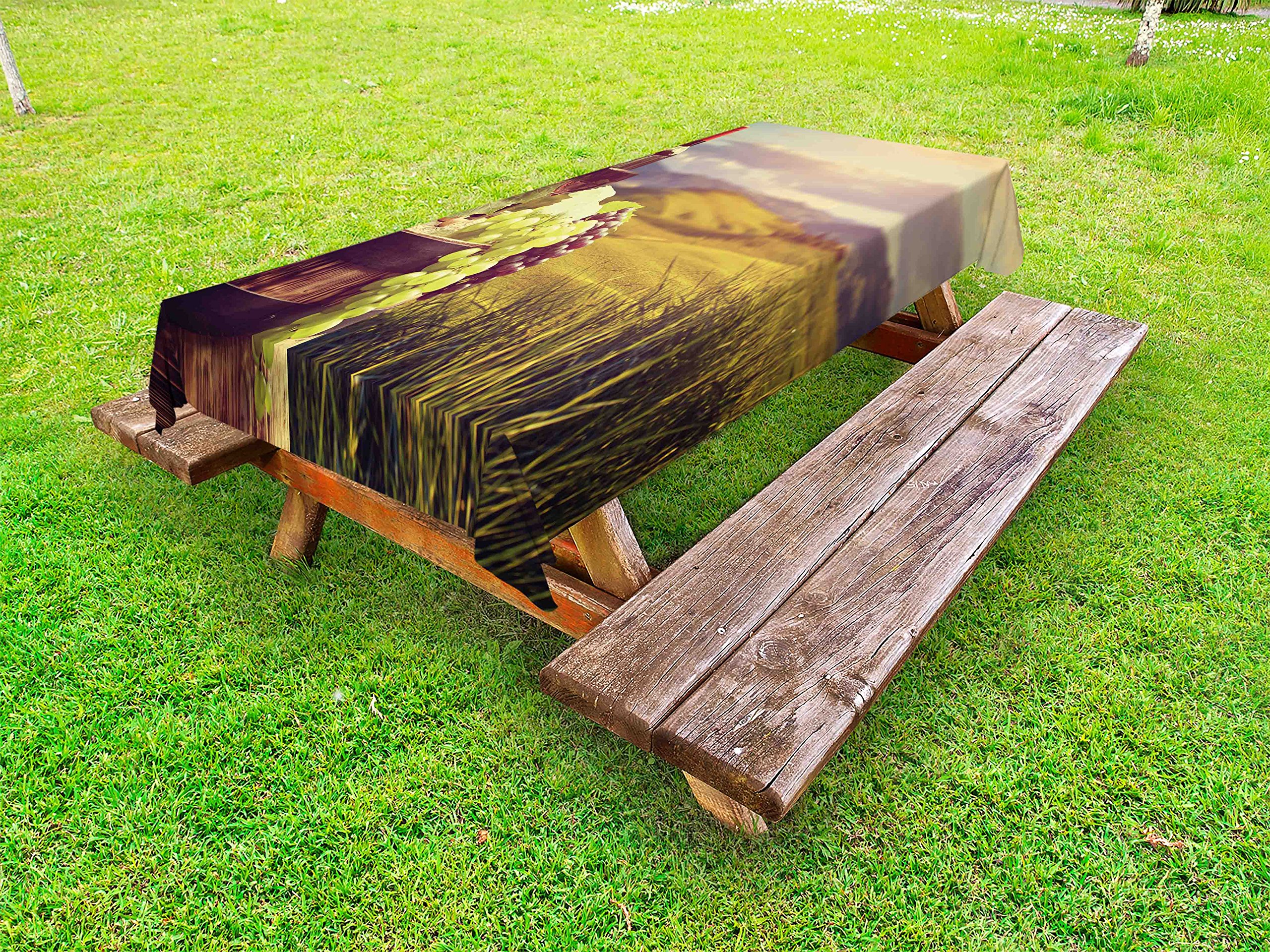 Ambesonne Wine Themed Outdoor Tablecloth - Tuscany Vineyard Landscape with Autumn Grapes Harvest - Waterproof Washable Picnic Table Cover 58x104 Inches - Perfect for Garden Parties, BBQs, and Outdoor Dining (Green Black Brown)