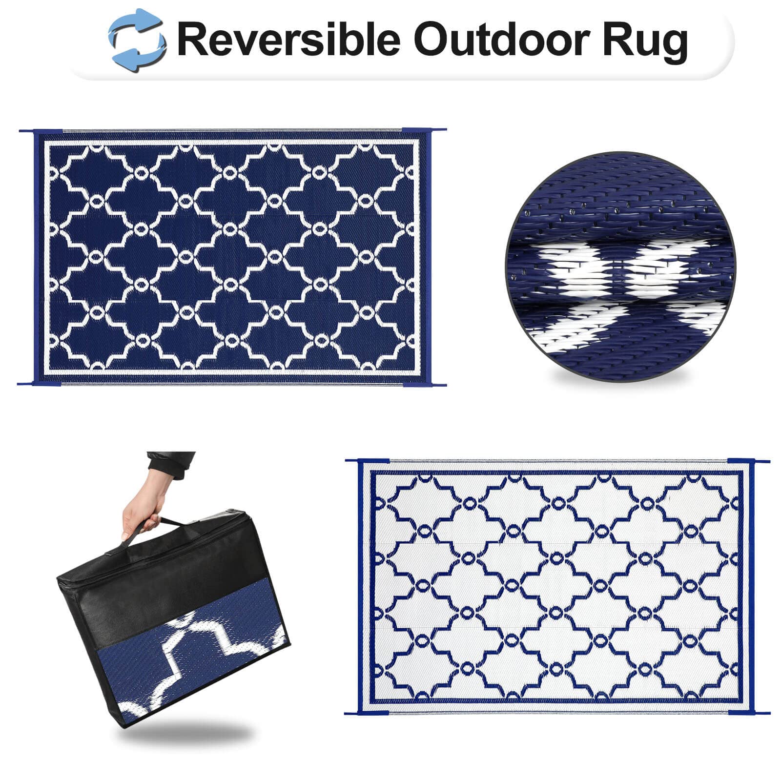 Outdoor Reversible Rug 9x12 ft - Waterproof Plastic Patio Carpet, UV & Stain Resistant RV Mat, Straw Weave Moroccan Navy & White - Perfect for Camping, Backyard, Deck, Picnic, Porch, RV & Outdoor Decor