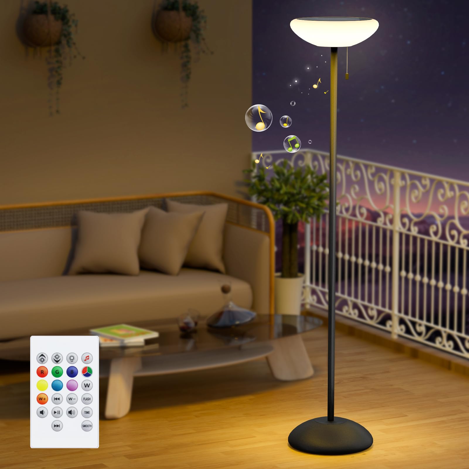 Solar Powered Outdoor Floor Lamp with Bluetooth Speaker - 8 Color Changing LED Lights, IP44 Waterproof, Solar Charging - Perfect for Patio, Balcony, Garden, Backyard & Poolside Lighting