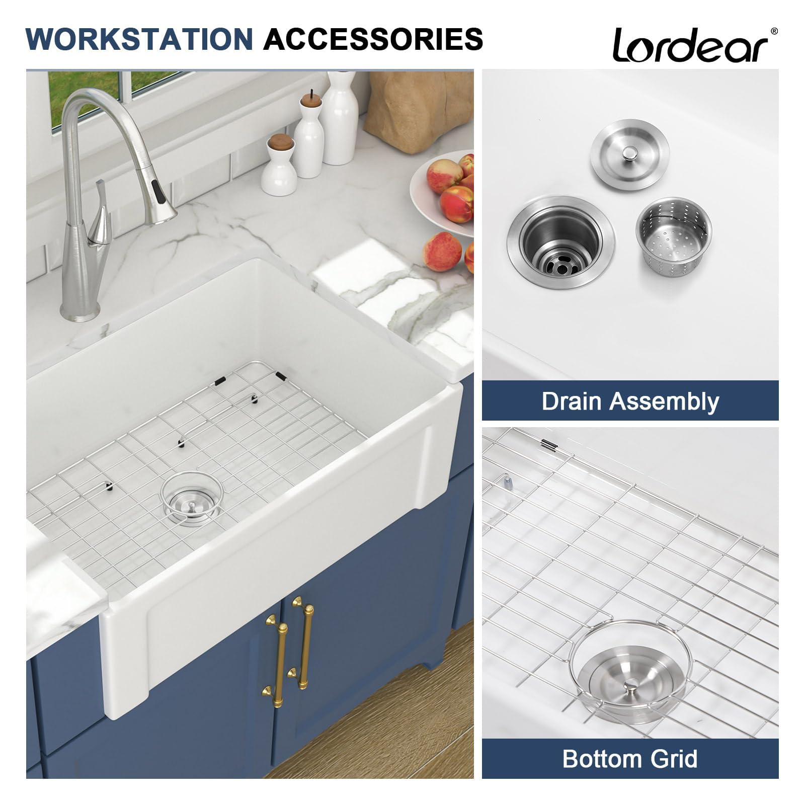 Lordear 30-inch White Farmhouse Kitchen Sink - Fireclay Ceramic Apron-Front Single Bowl Reversible Design for Modern Farmhouse & Rustic Kitchens | Perfect for Cooking, Baking & Entertaining