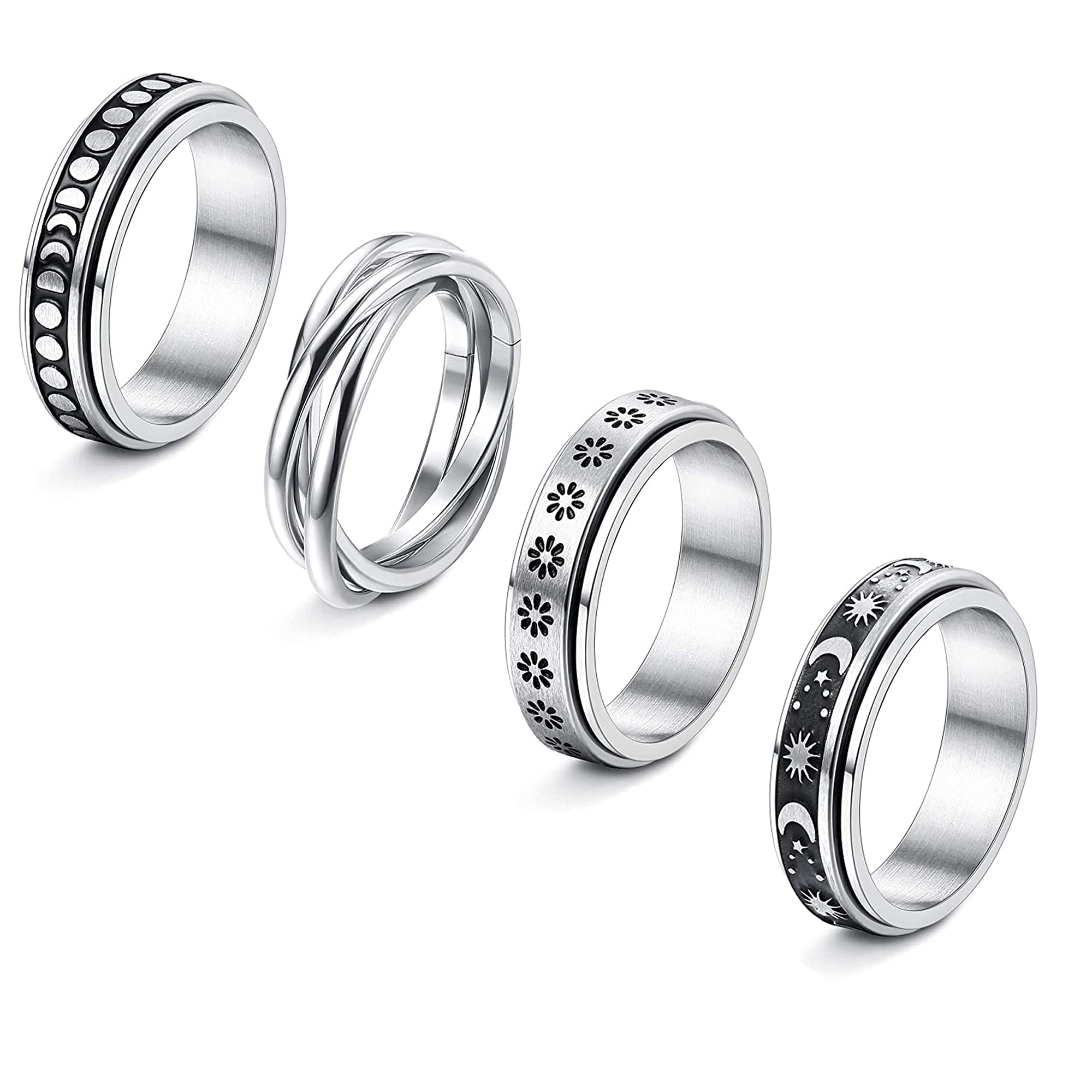 CASSIECA Stainless Steel Fidget Rings for Women & Men - Spinner Rings with Flower Moon Star Design, Cool Anxiety Relief Rings, Stress Relieving Wedding Promise Rings Set (Size 5-11) - Perfect for ADHD, Anxiety Relief, Office Stress, Gifts & Special Occasions