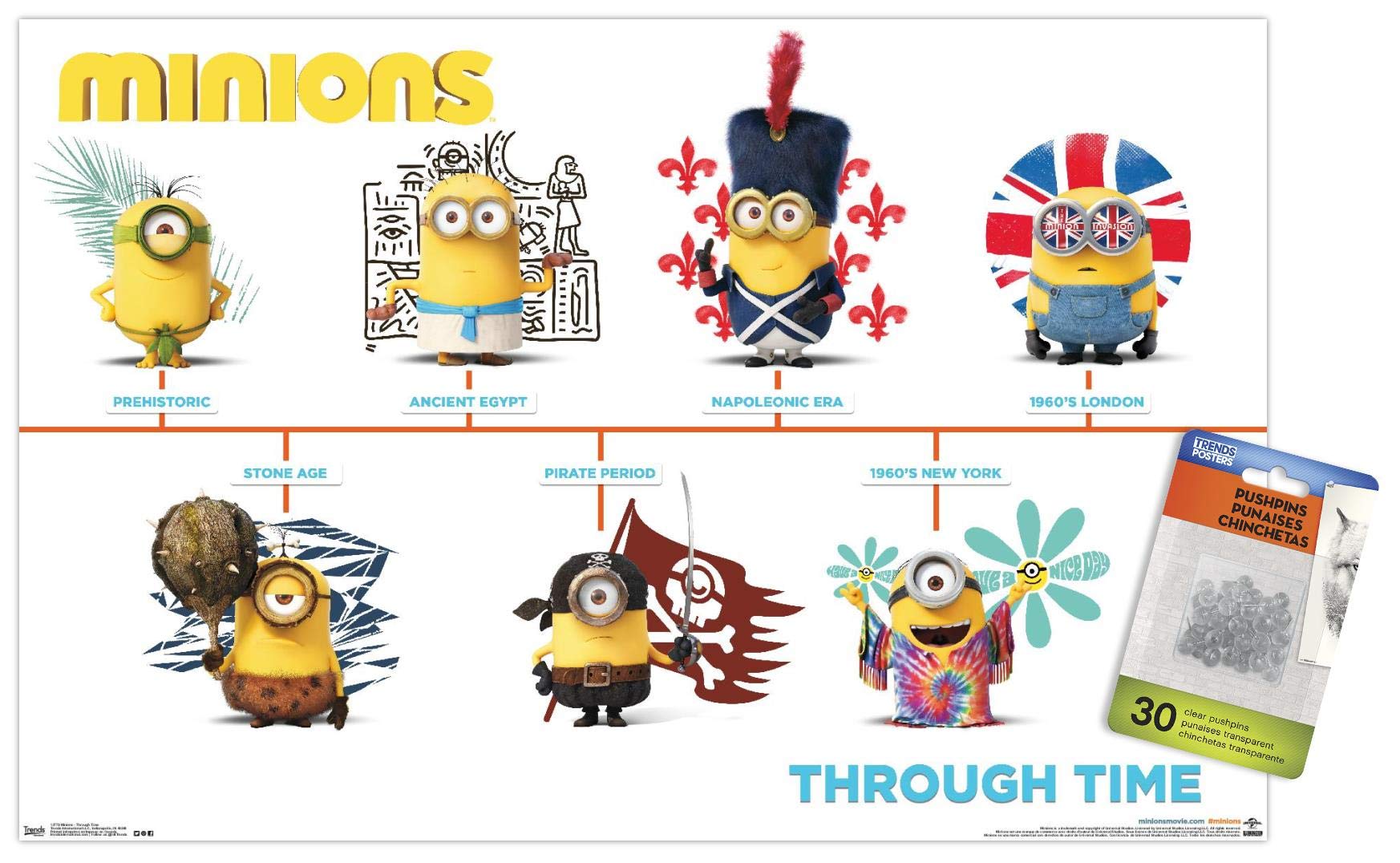 Minions Through Time Wall Poster with Push Pins - Illuminated Decor for Kids Room, Office & Party | Fun Movie-Themed Wall Art for Home & Classroom