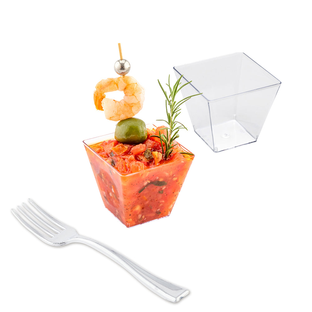 100 Pack 4 oz Square Clear Plastic Kova Cups with 100 Silver Mini Forks - Perfect for Party Favors, Wedding Desserts, and Cocktail Serving