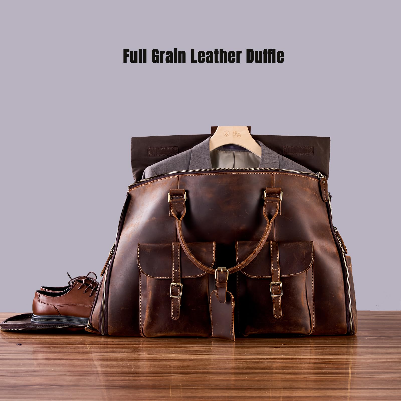 Premium Full Grain Leather Convertible Garment Bag with Shoe Compartment - Duffle Carry On Weekender for Men & Women - Business Travel Suitcase with Hanging Function (Dark Brown) - Perfect for Business Trips, Weekend Getaways & Airplane Travel