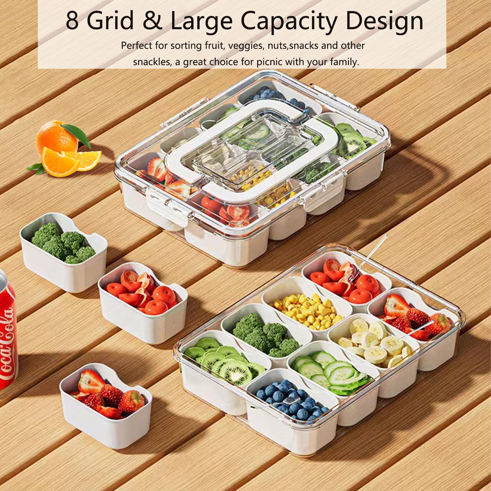 Snack Box Container with Lid & Handle - Divided Serving Tray for Picnics, Parties & Travel | Ivory White Snackle Box | Portable Food Storage Solution