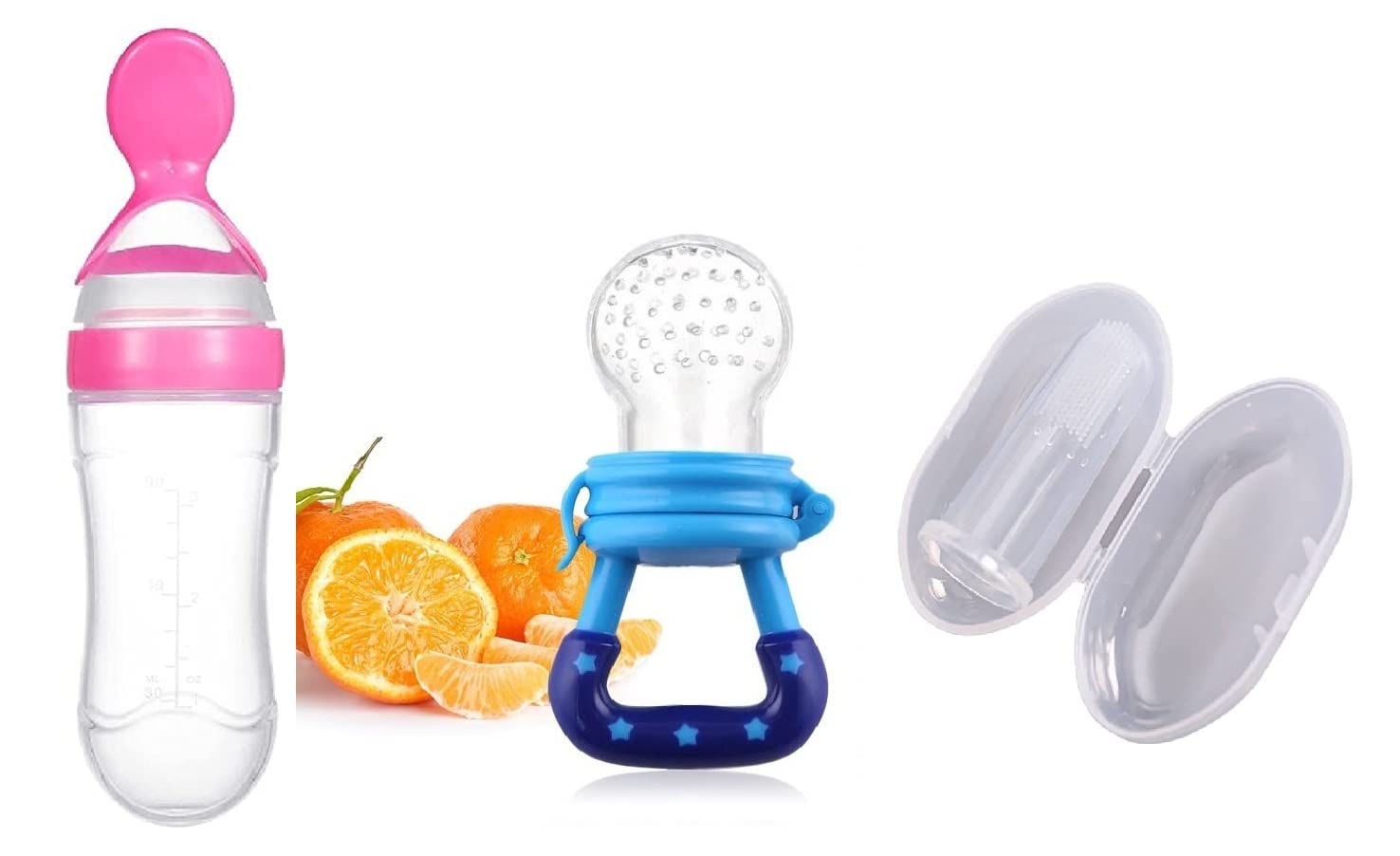 WATERFOWL Baby Fruit Feeder & Pacifier Set - Silicone Nibbler, Soother & Oral Care Kit with Finger Brush & Tongue Cleaner for Infants 3-18 Months (3-Pack, Multi-Color) - Perfect for Teething Relief & Healthy Snacking