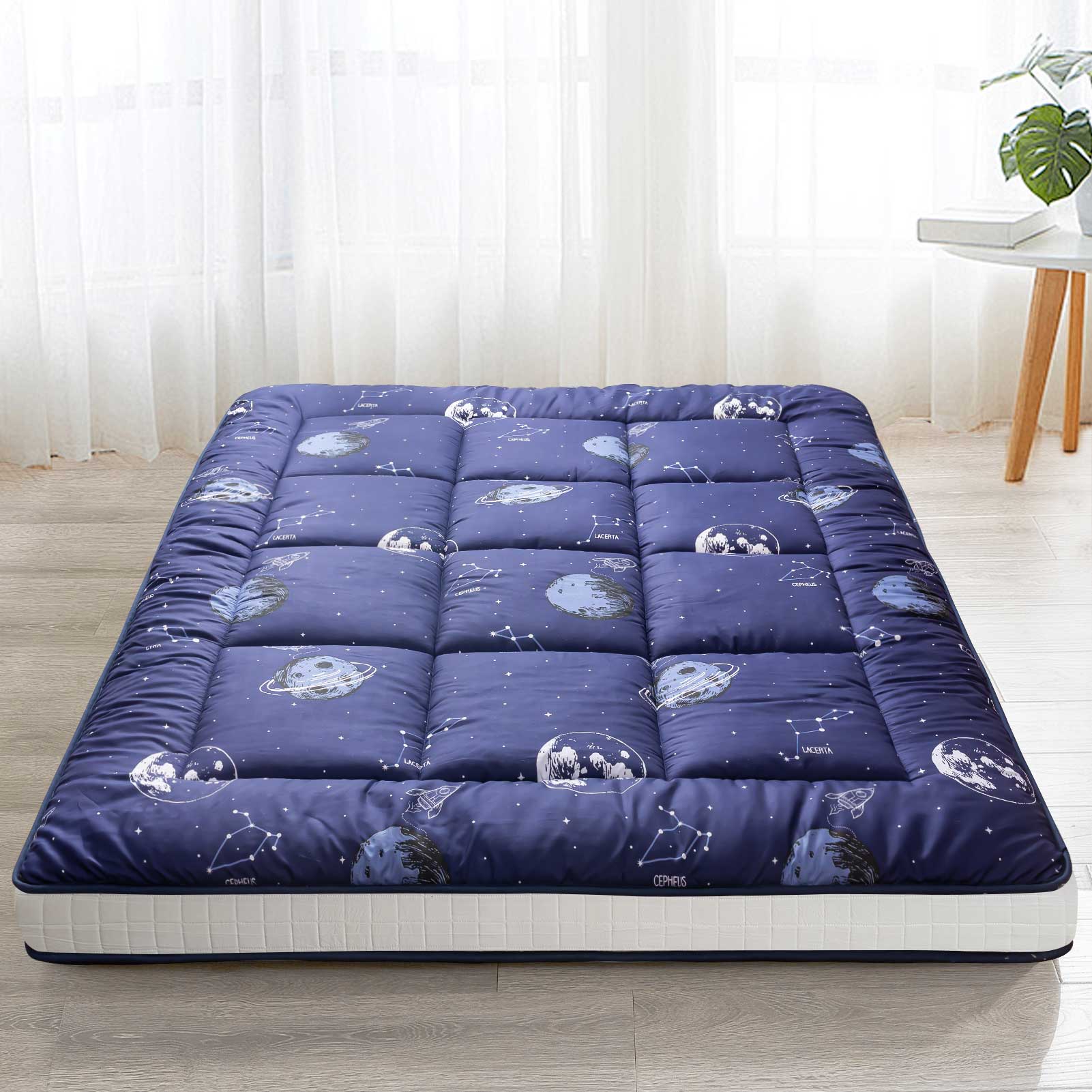 MAXYOYO Padded Japanese Floor Mattress - Navy Space Adventure Design | Foldable Futon for Bedroom, Guest Room & Camping | Comfortable Floor Sleeping Mat for Adults & Kids