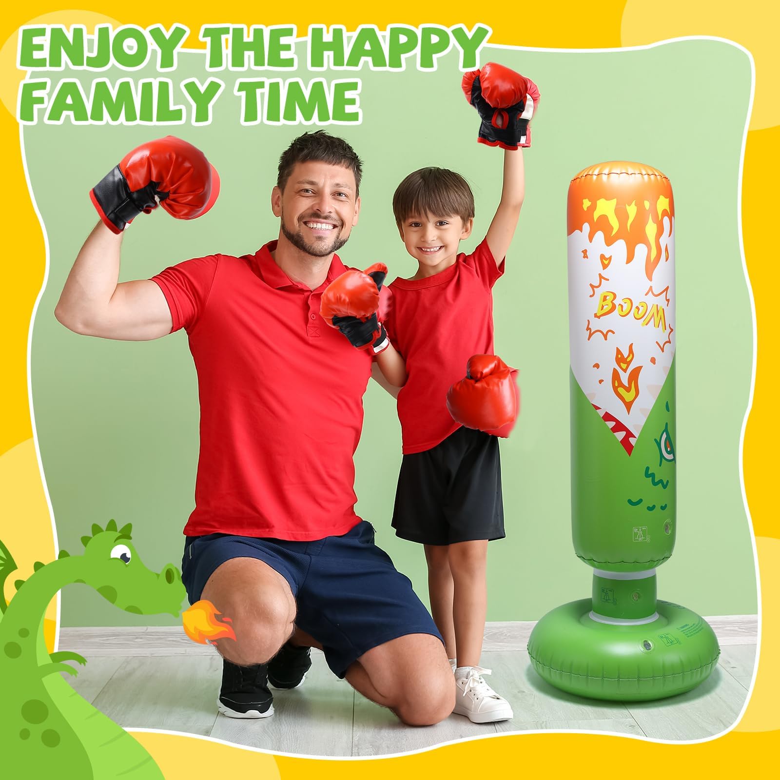 Inflatable Punching Bag for Kids - Shark & Dinosaur Standing Boxing Bag with Gloves (Ages 3-8) | Stable Kickboxing Training Toy for Boys & Girls | Perfect for Birthday Gifts, Indoor Exercise & Martial Arts Practice