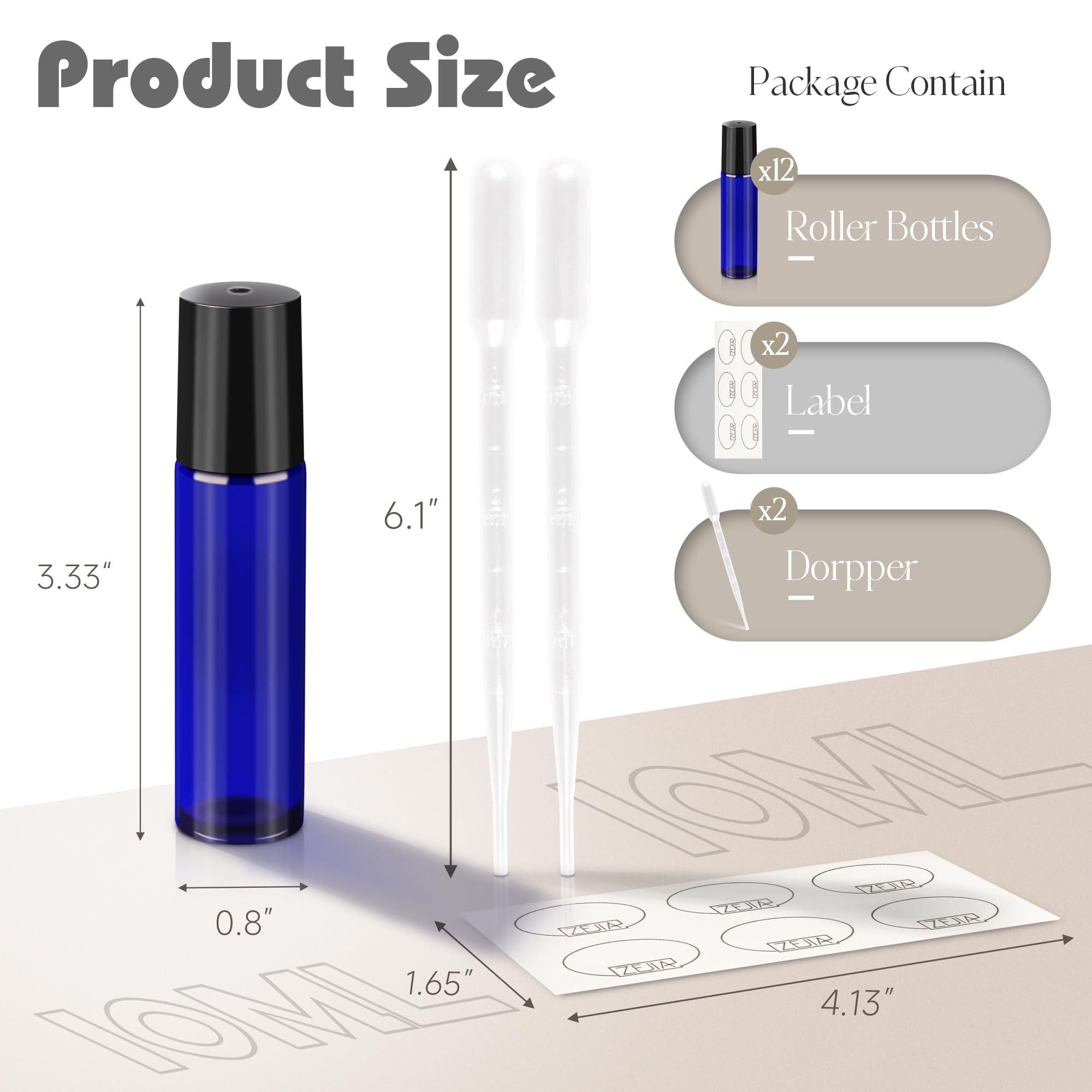 ZEJIA 12 Pack 10ml Essential Oil Roller Bottles - Cobalt Blue Thick Glass Roller Bottles with Stainless Steel Balls & 2 Droppers - Perfect for Aromatherapy, DIY Blends & Travel Size Essential Oil Storage