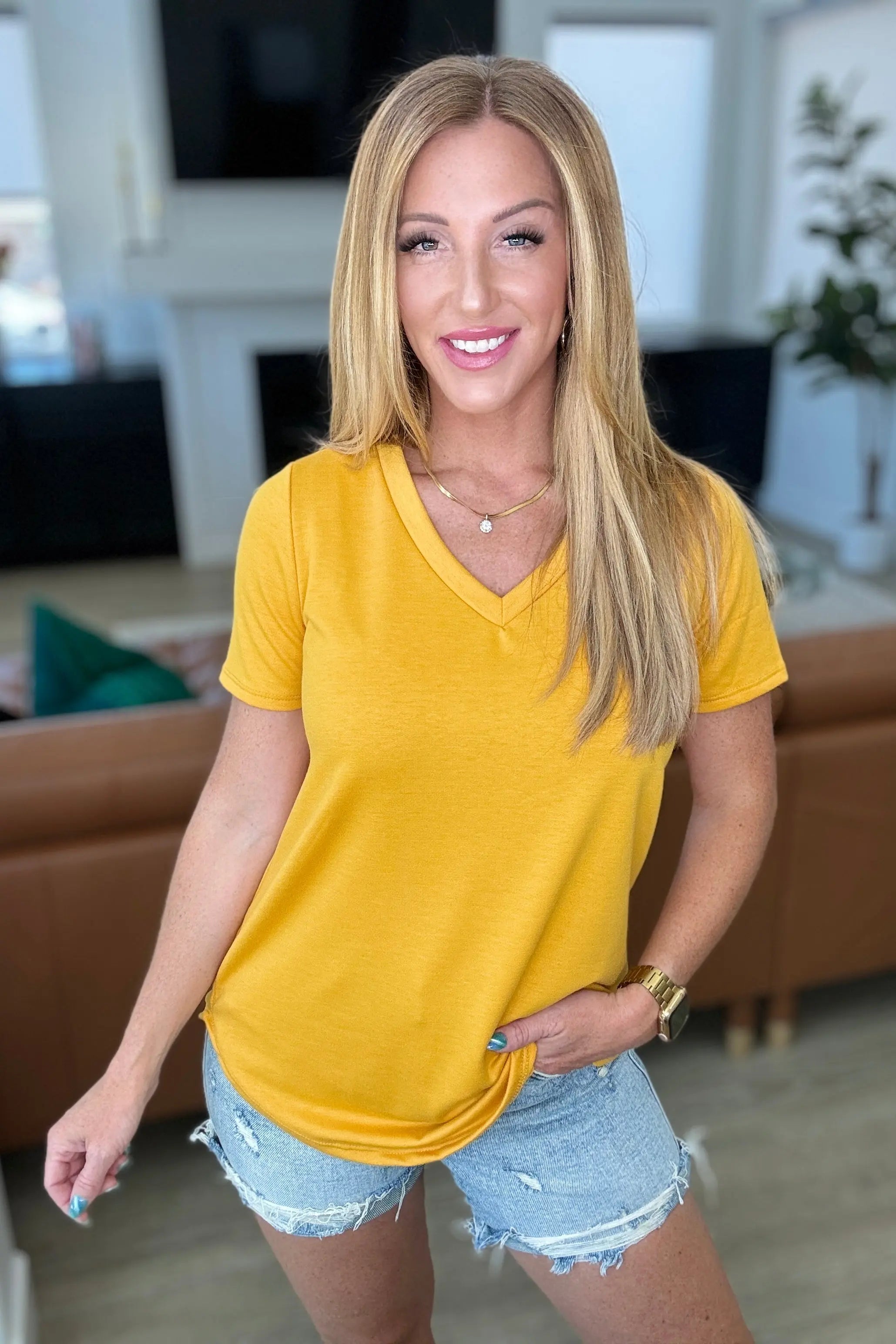 Heart and Soul Mustard V Neck Top for Women - Casual & Chic Blouse for Work, Date Night, and Everyday Wear