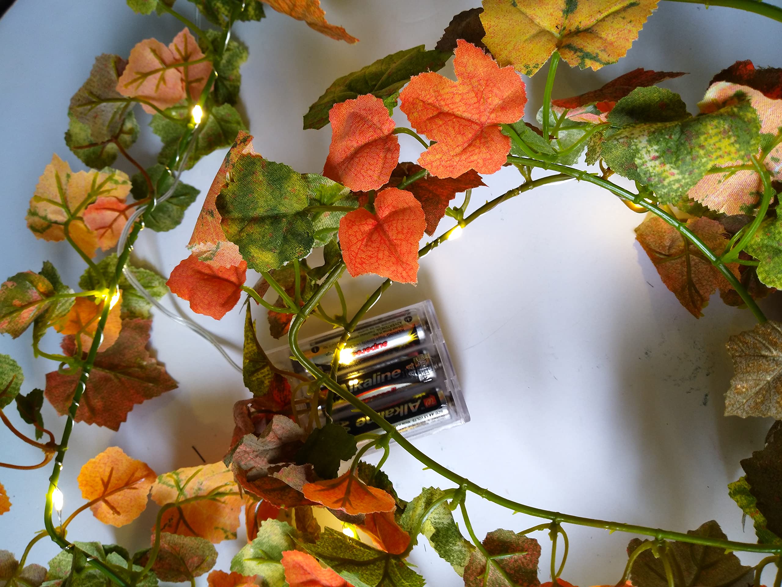 LED Grape Leaf Garland with Warm White Lights - Decorative Mantel or Table Garland for Fall, Thanksgiving, and Christmas Home Decor