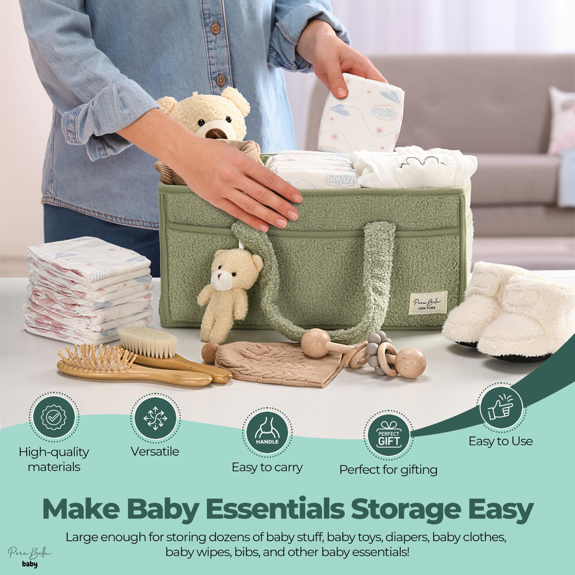 PeraBella Diaper Caddy Organizer - Baby Changing Table Storage Basket for Wipes, Diapers & Essentials | Portable Nursery & Car Organizer | Perfect Baby Shower Gift | Ideal for Home Nursery, Travel & On-the-Go Parents