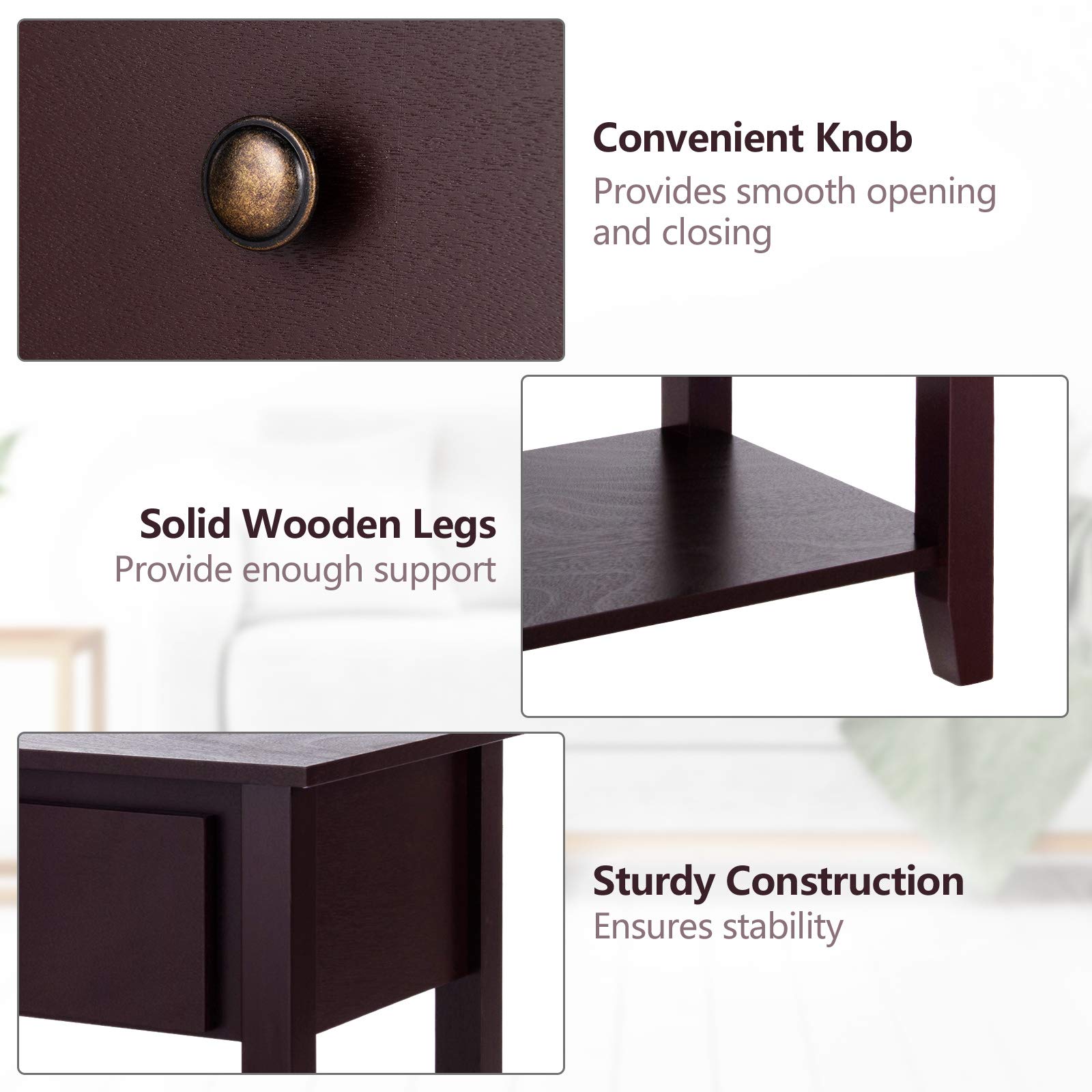 Modern Nightstand with Drawers & Shelf - Solid Pine Wood Bedside Table for Bedroom & Living Room - Espresso Finish