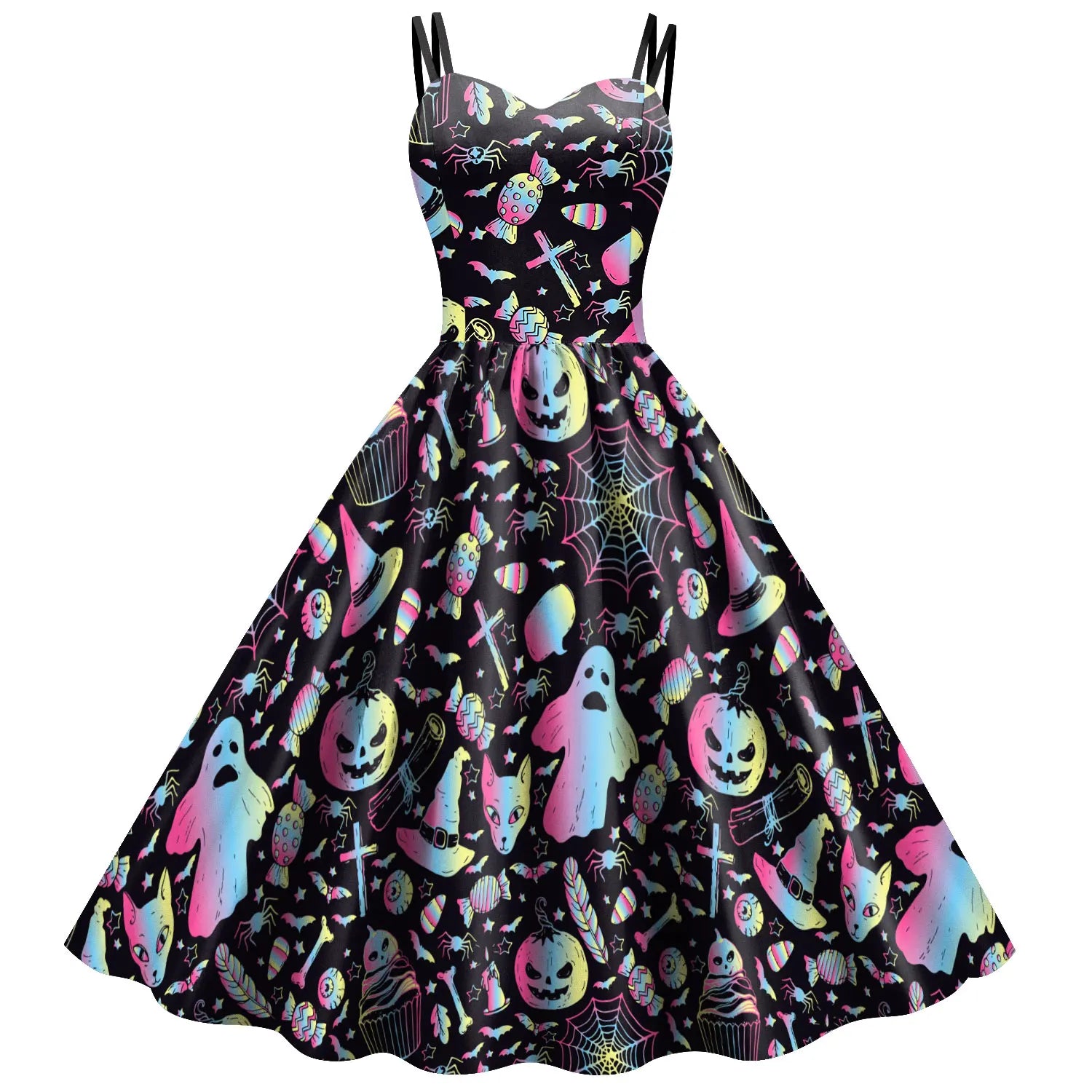 Gothic Skeleton Halloween Dress for Women - Elegant Black Rockabilly Costume for Halloween Parties, Carnival, Cosplay & Horror Themed Events
