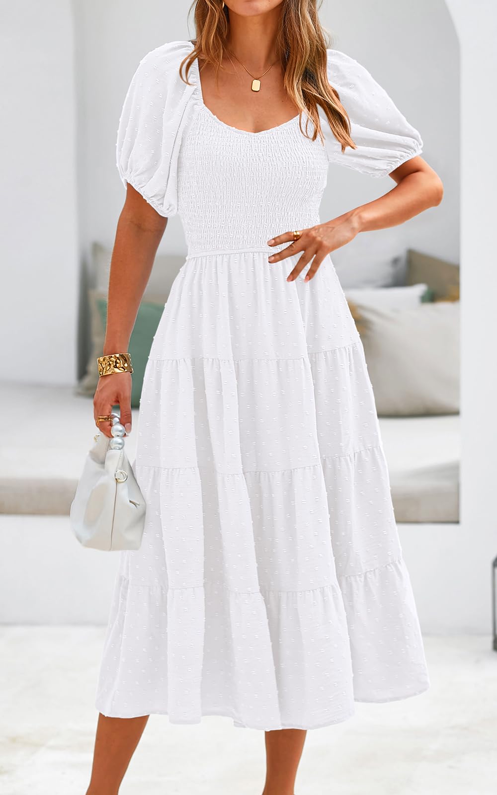 PRETTYGARDEN Women's Floral Swiss Dot Chiffon Maxi Dress with Puff Sleeves & V-Neck - High Waist Tiered Smocked Design for Spring Summer 2025 | Perfect for Weddings, Beach Vacations & Date Nights