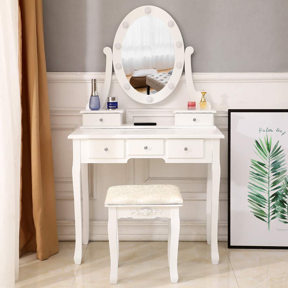 Elegant White Vanity Set with 5 Drawers, LED Mirror & Stool - 12 Cool LED Bulbs Makeup Dressing Table for Bedroom | Perfect for Makeup Application, Skincare Routine & Home Decor