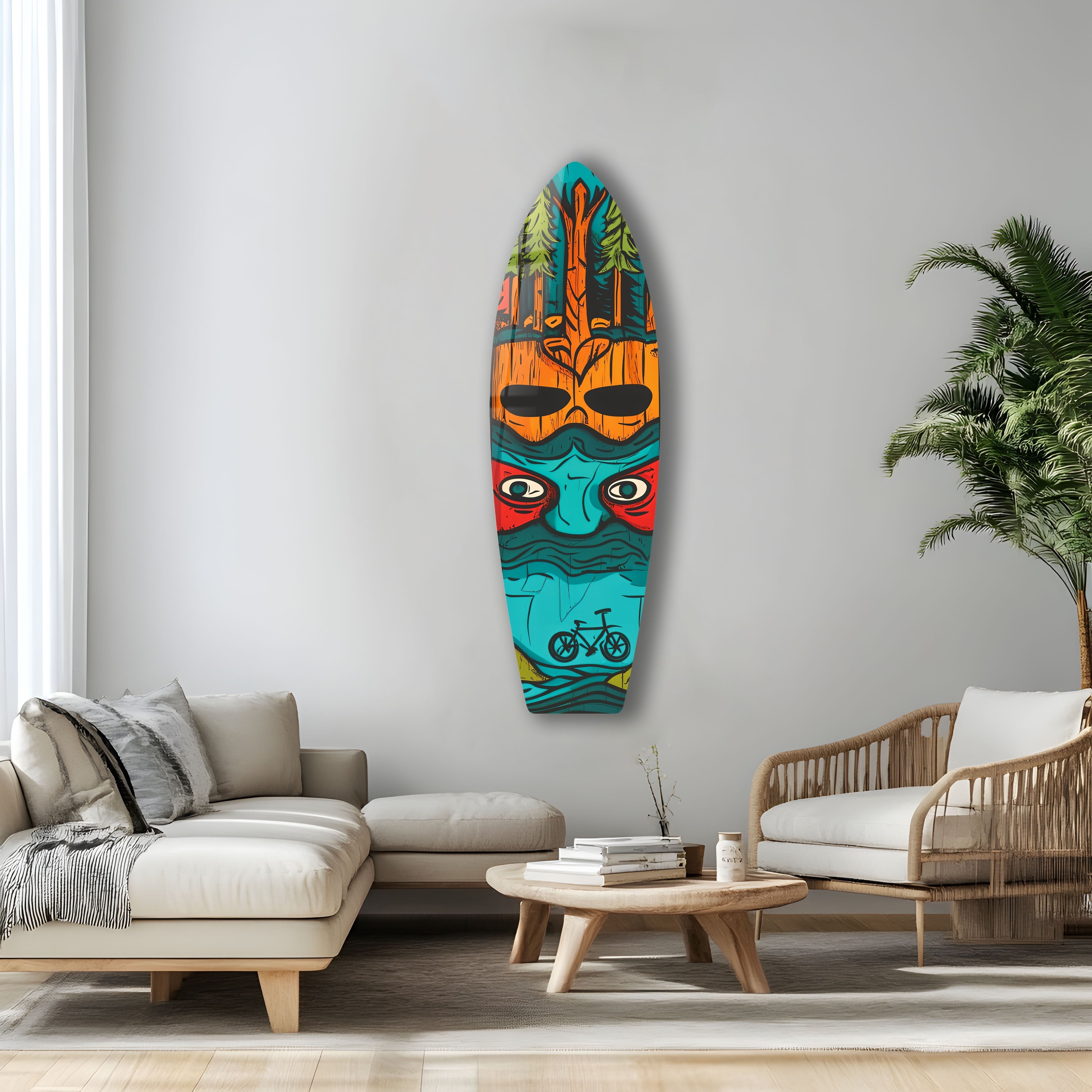 Blue Tree Man Surfboard Wall Art - Coastal Decor for Beach House, Surf Shop & Ocean-Themed Rooms - Handmade Wooden Surfboard Artwork