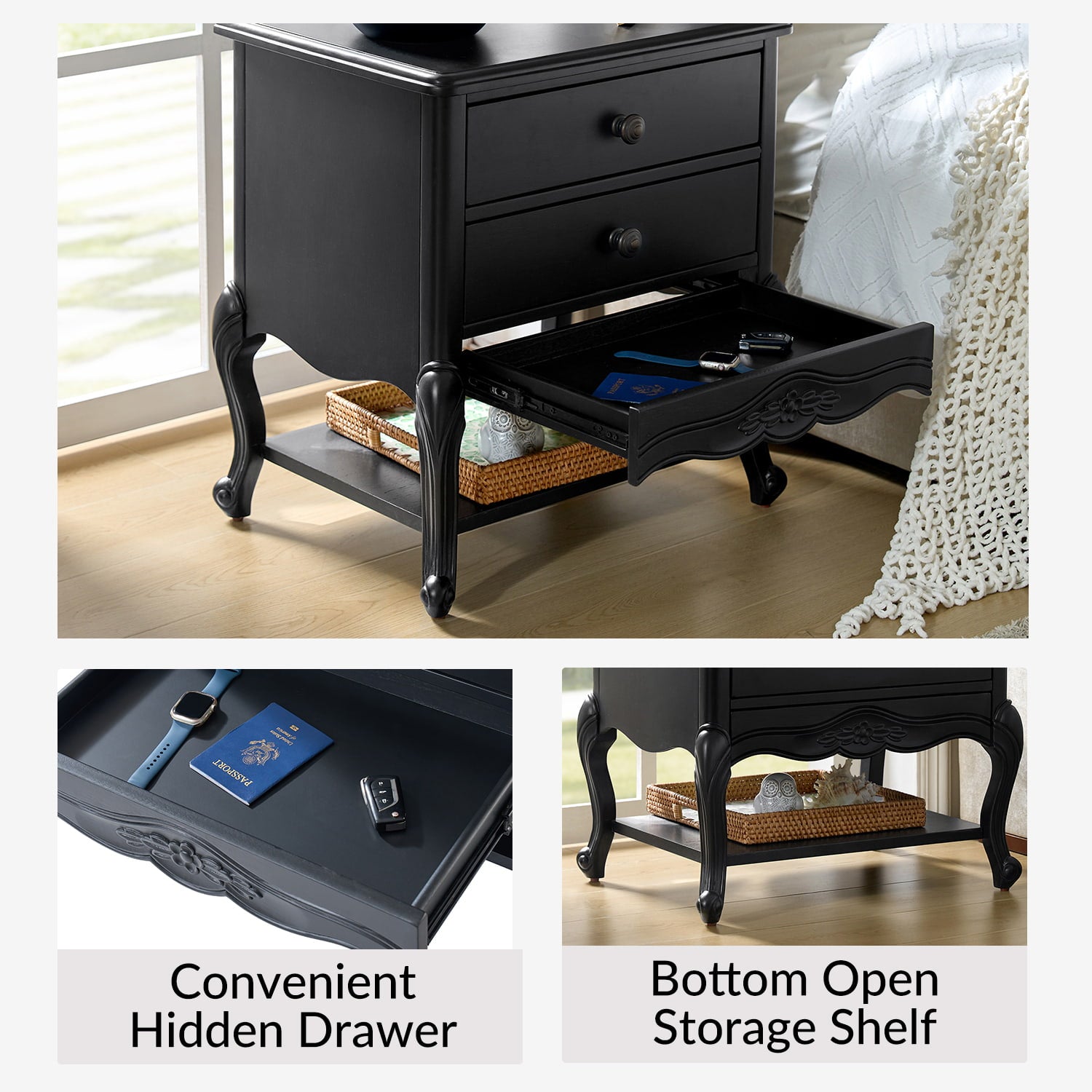 Nina Modern Nightstand with Hidden Drawer - Fully Assembled Bedside Table for Bedroom, Living Room & Office - Traditional Exquisite Design (Optional Types Available)