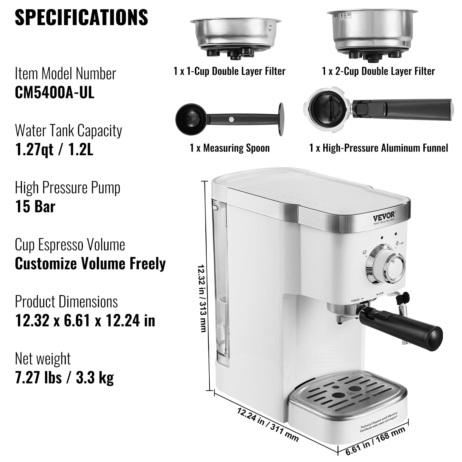 VEVOR 15Bar Semi-Automatic Espresso Coffee Machine with Milk Frother - Professional Cappuccino & Latte Maker with High-Power Boiler, Removable Water Tank & NTC Control System - Perfect for Home Baristas & Coffee Shops