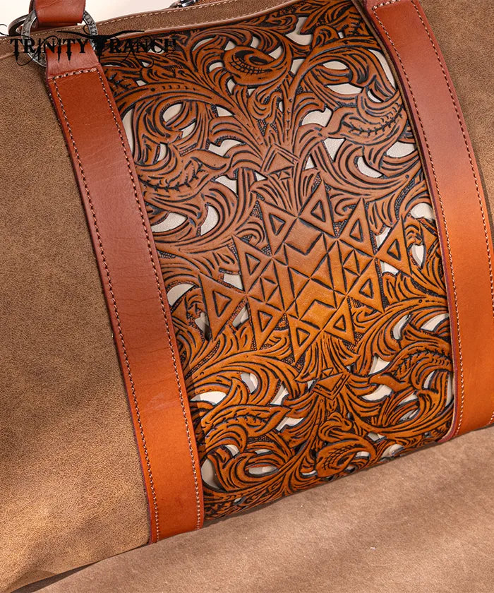 Trinity Ranch Aztec Tooled Leather Weekender Bag - Stylish Travel Duffel for Women & Men - Perfect for Weekend Getaways, Gym, Work & Overnight Trips