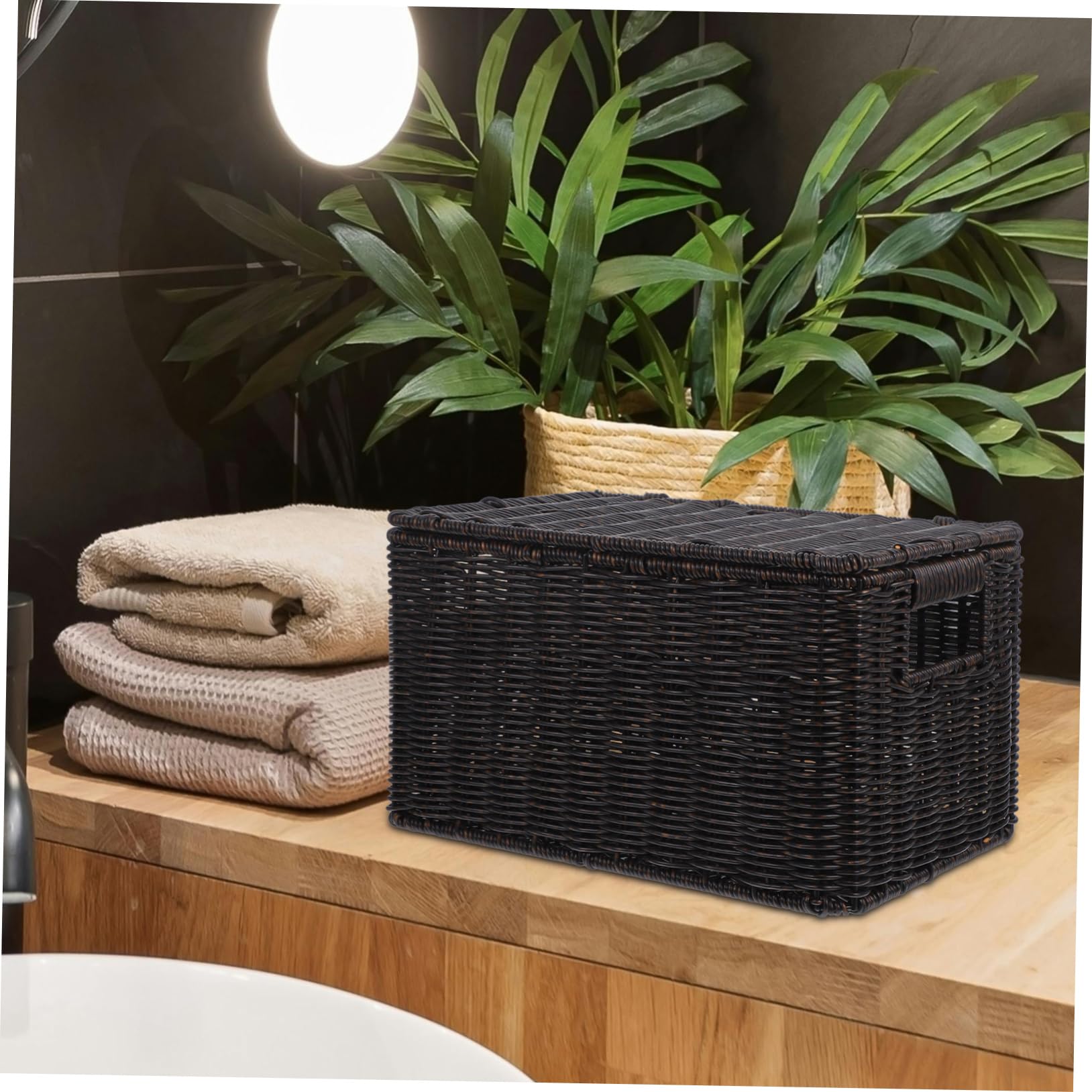 PRETYZOOM Rattan Storage Baskets with Lids - Home Organizer for Shelves & Closet