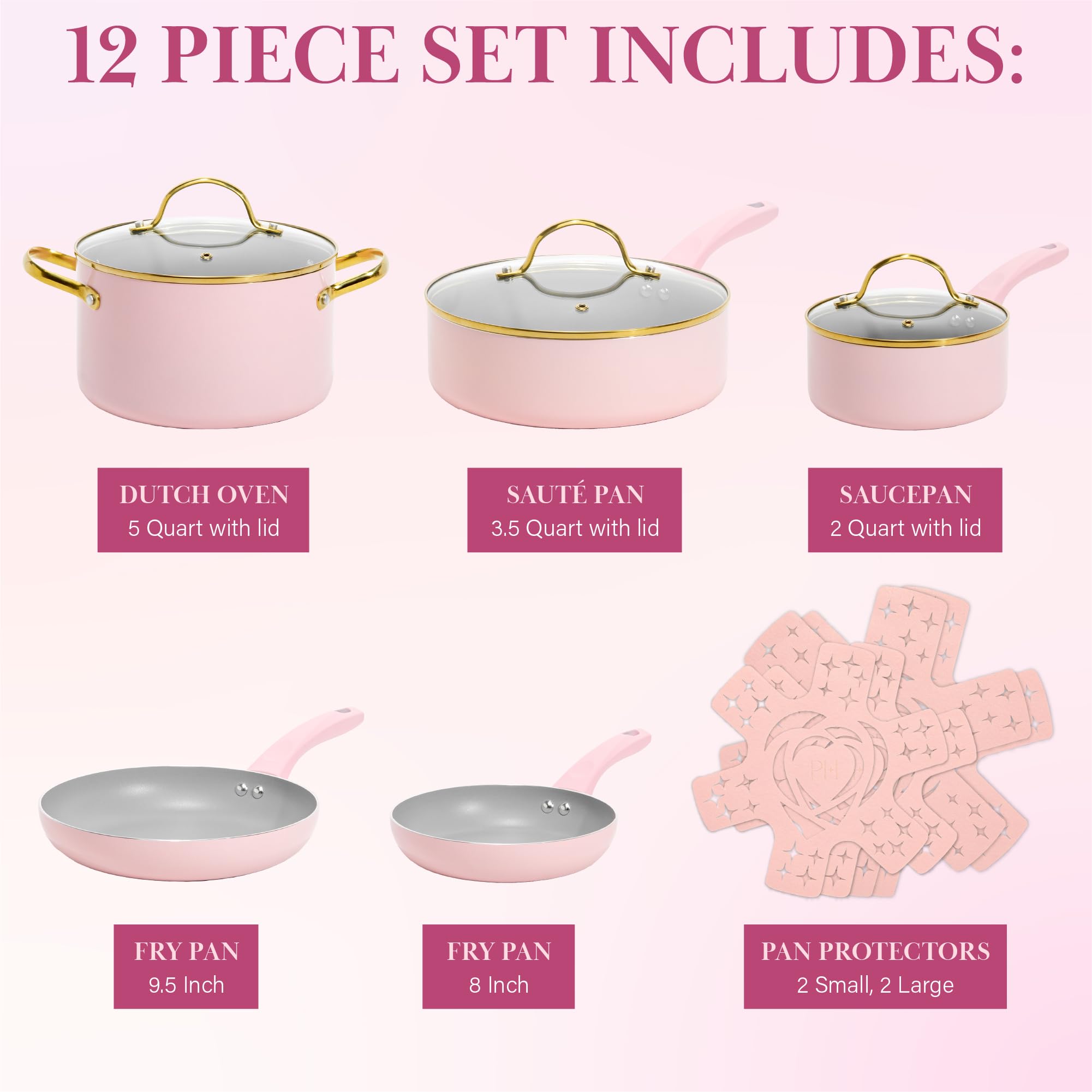 Paris Hilton 12-Piece Nonstick Cookware Set - PFOA-Free, Multi-Layer Coating, Tempered Glass Lids & Cool-Touch Handles - Dishwasher Safe Pink Pots and Pans for Everyday Cooking & Gourmet Meals