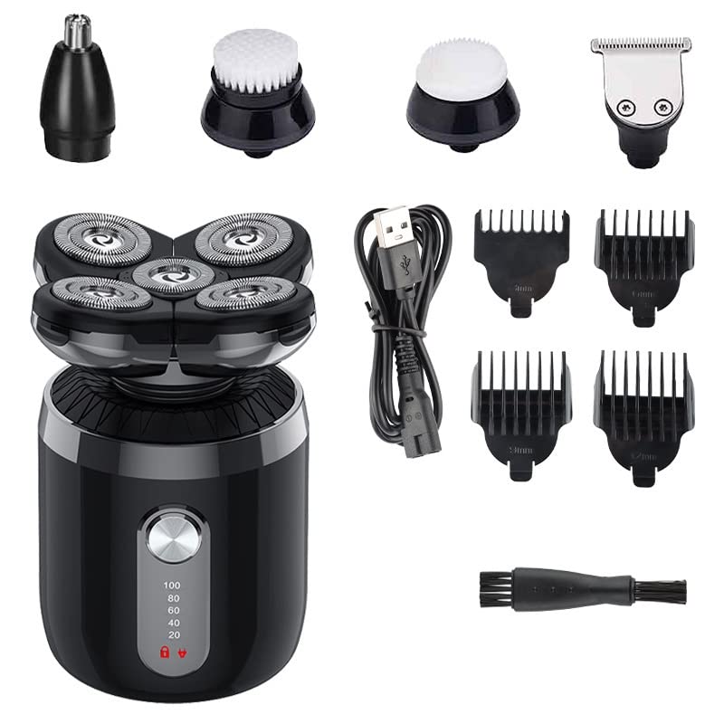 5-in-1 Electric Shaver for Bald Men - USB Rechargeable Waterproof Head & Body Trimmer with Nose Hair Remover - Portable Men's Grooming Kit for Travel, Gym & Home Use - Black