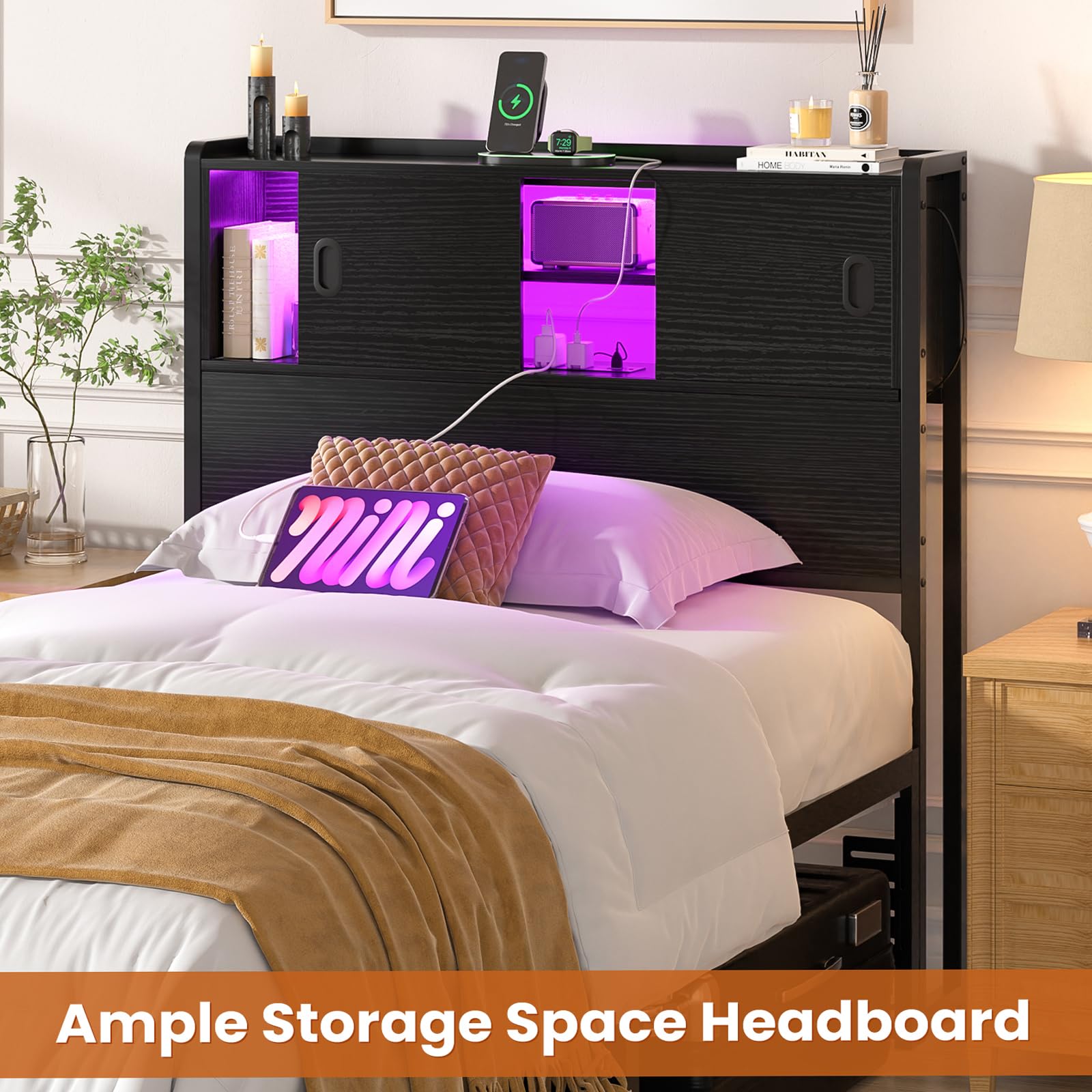 Homieasy Twin Size Headboard with Storage - USB Outlet, LED Light & Bookcase | Sturdy Sliding Door Design | Bed Frame Adapter Included | Perfect for Small Bedrooms, Dorms & Studio Apartments (Black)